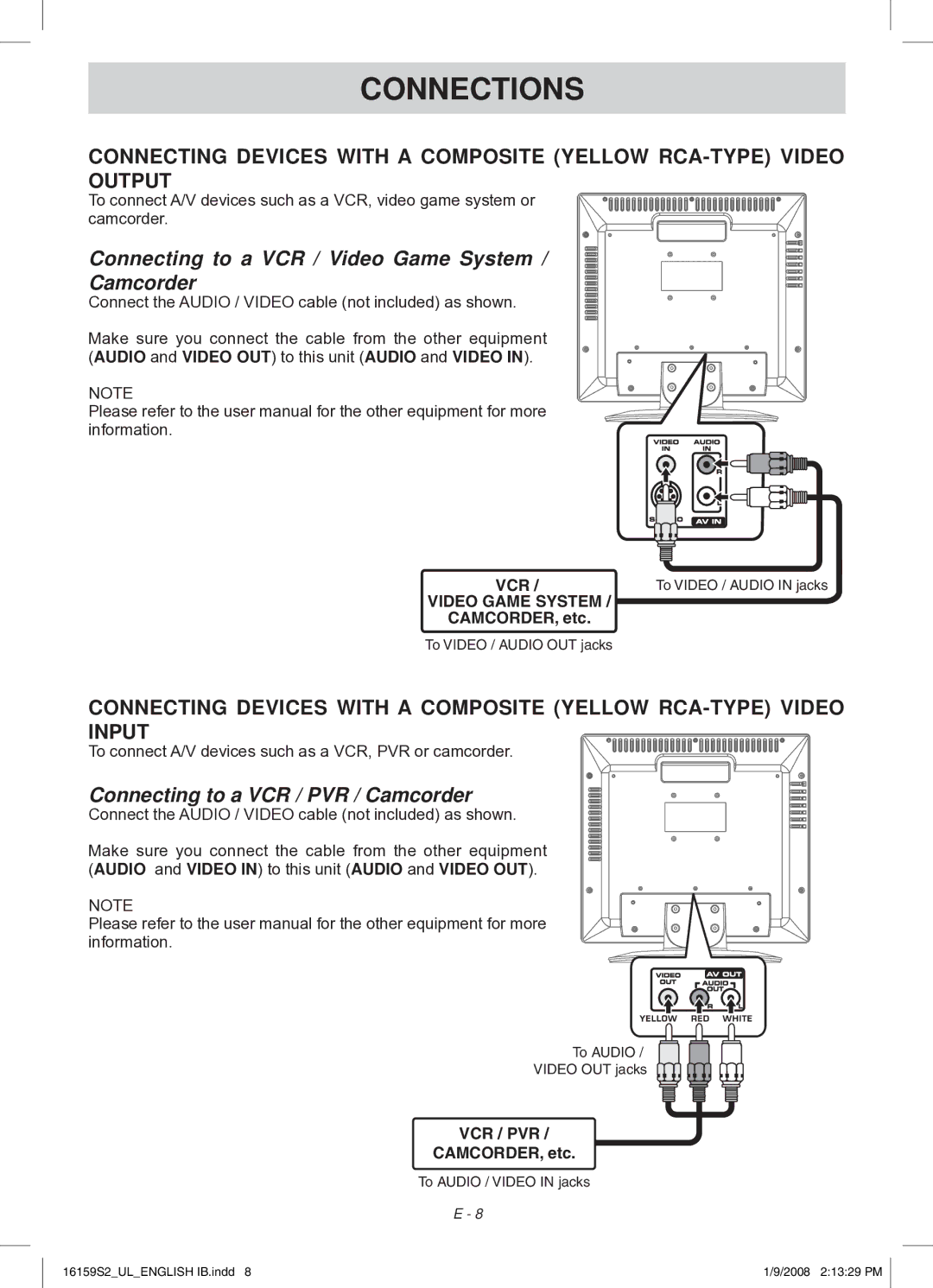 Audiovox FPE1508 manual Connecting to a VCR / Video Game System Camcorder 