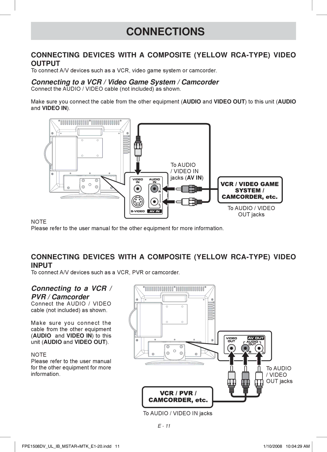 Audiovox FPE1508DV owner manual Connecting to a VCR / Video Game System / Camcorder 