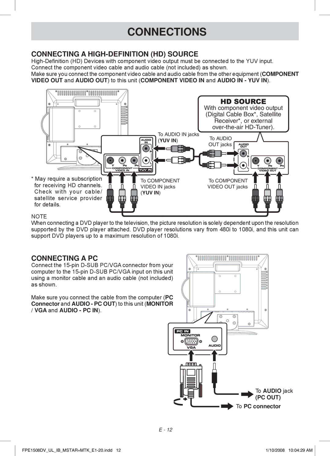 Audiovox FPE1508DV owner manual Connecting a HIGH-DEFINITION HD Source, Connecting a PC, PC OUT To PC connector 