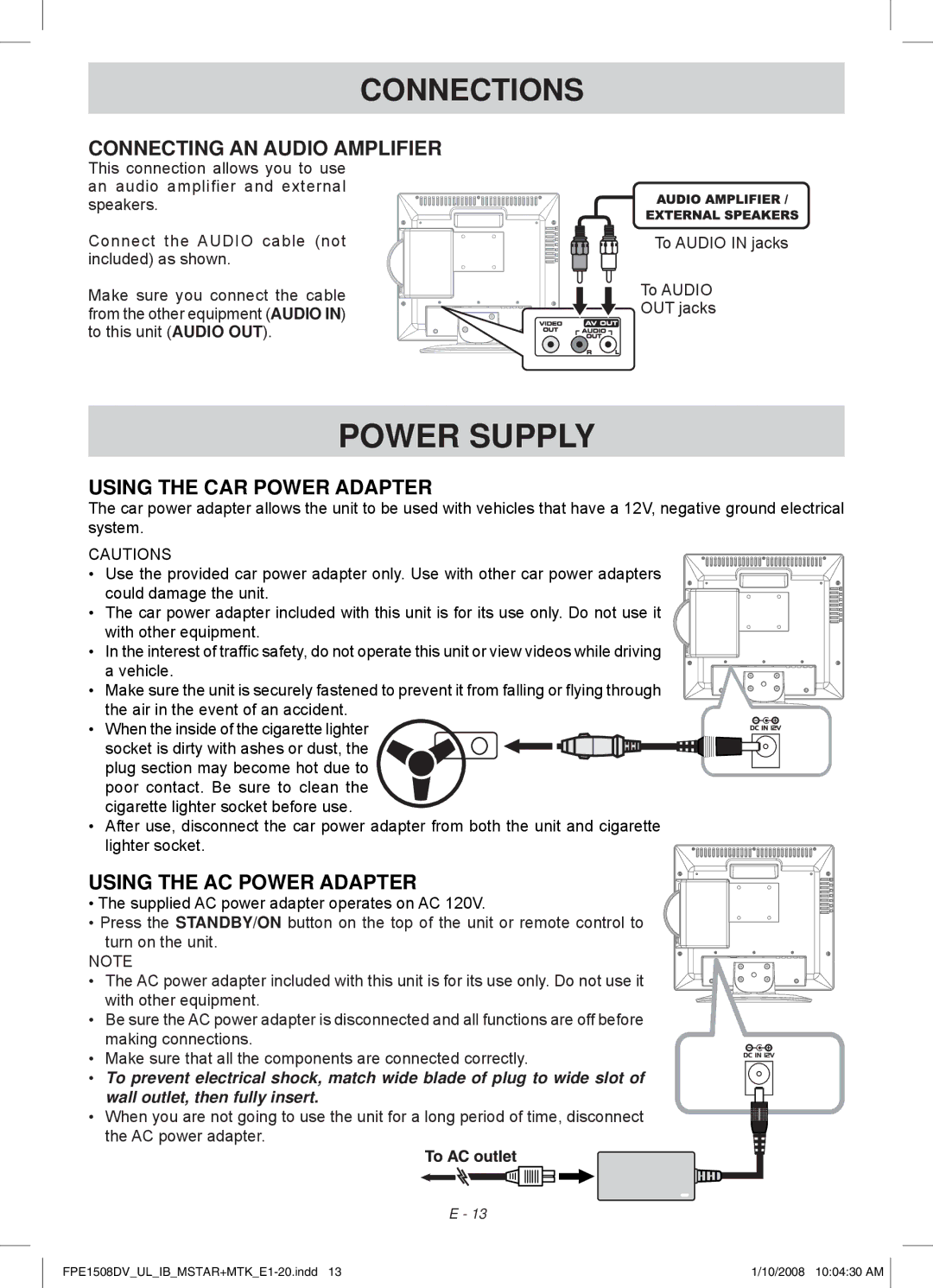 Audiovox FPE1508DV owner manual Connecting AN Audio Amplifier, Using the Car Power Adapter, Using the AC Power Adapter 