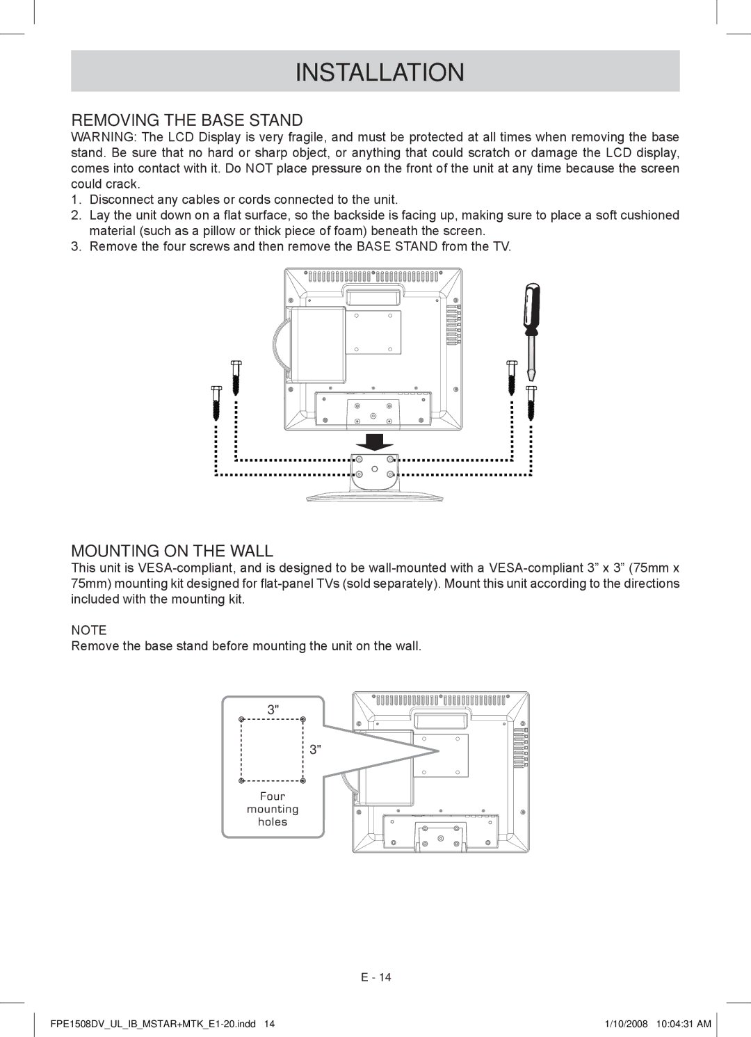 Audiovox FPE1508DV owner manual Installation, Removing the Base Stand, Mounting on the Wall 