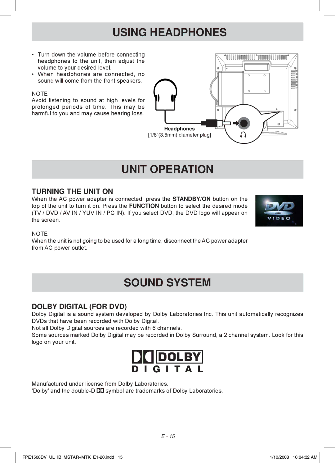 Audiovox FPE1508DV owner manual Using Headphones, Turning the Unit on, Dolby Digital for DVD 