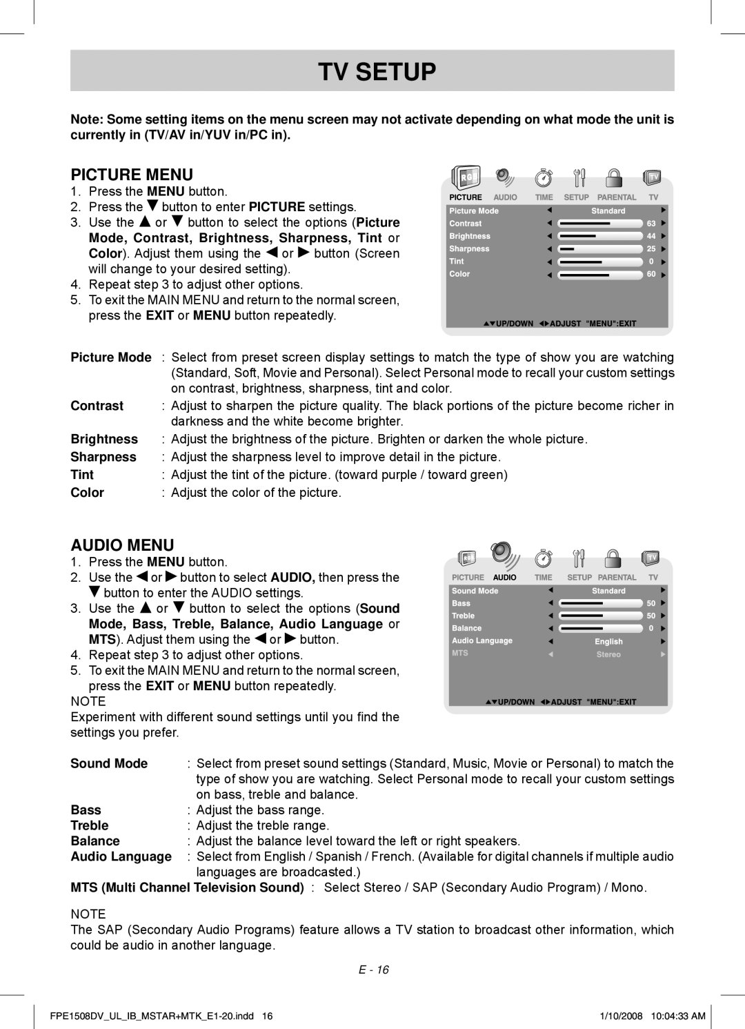 Audiovox FPE1508DV owner manual TV Setup, Picture Menu, Audio Menu 