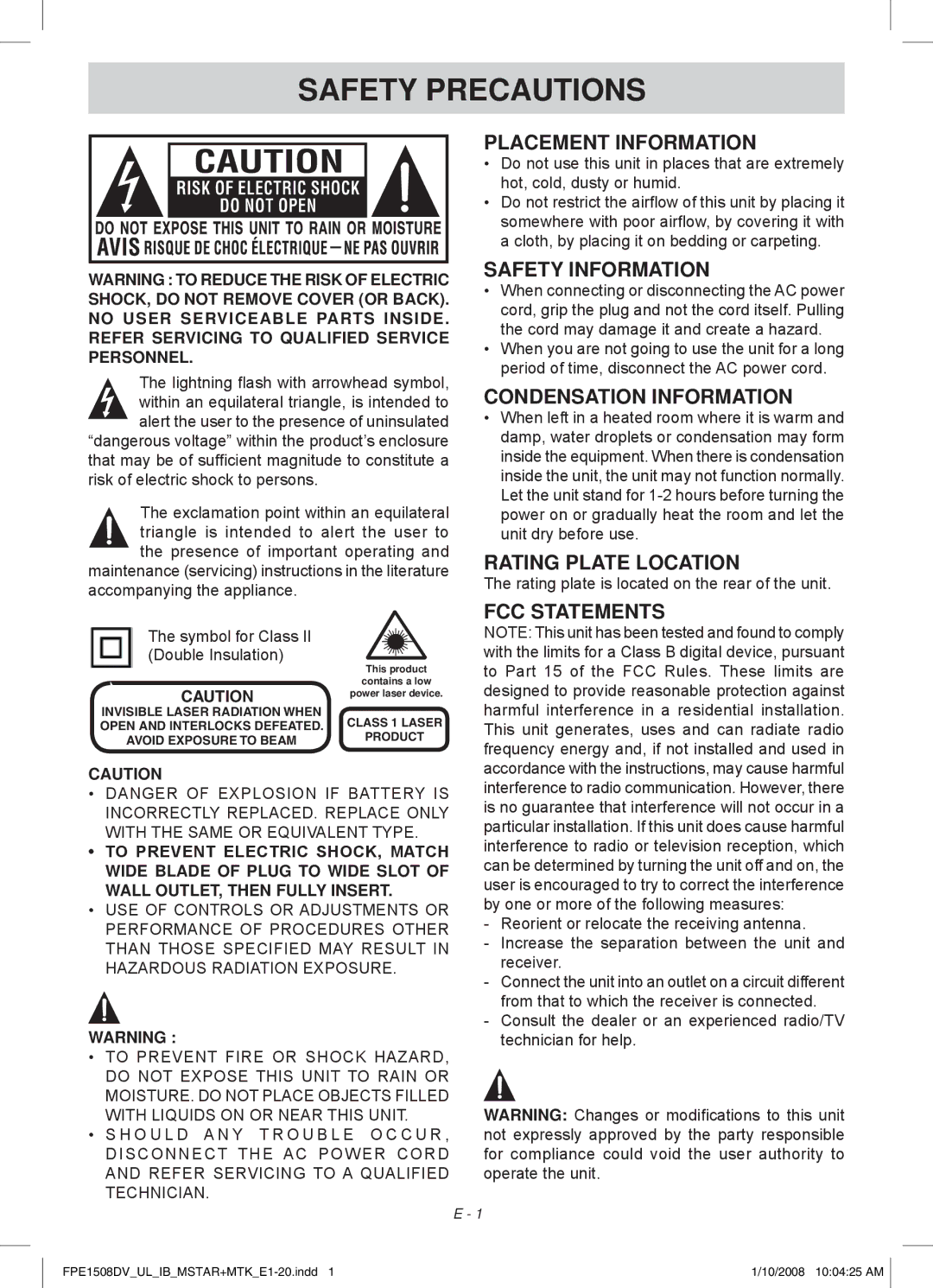 Audiovox FPE1508DV owner manual Safety Precautions 