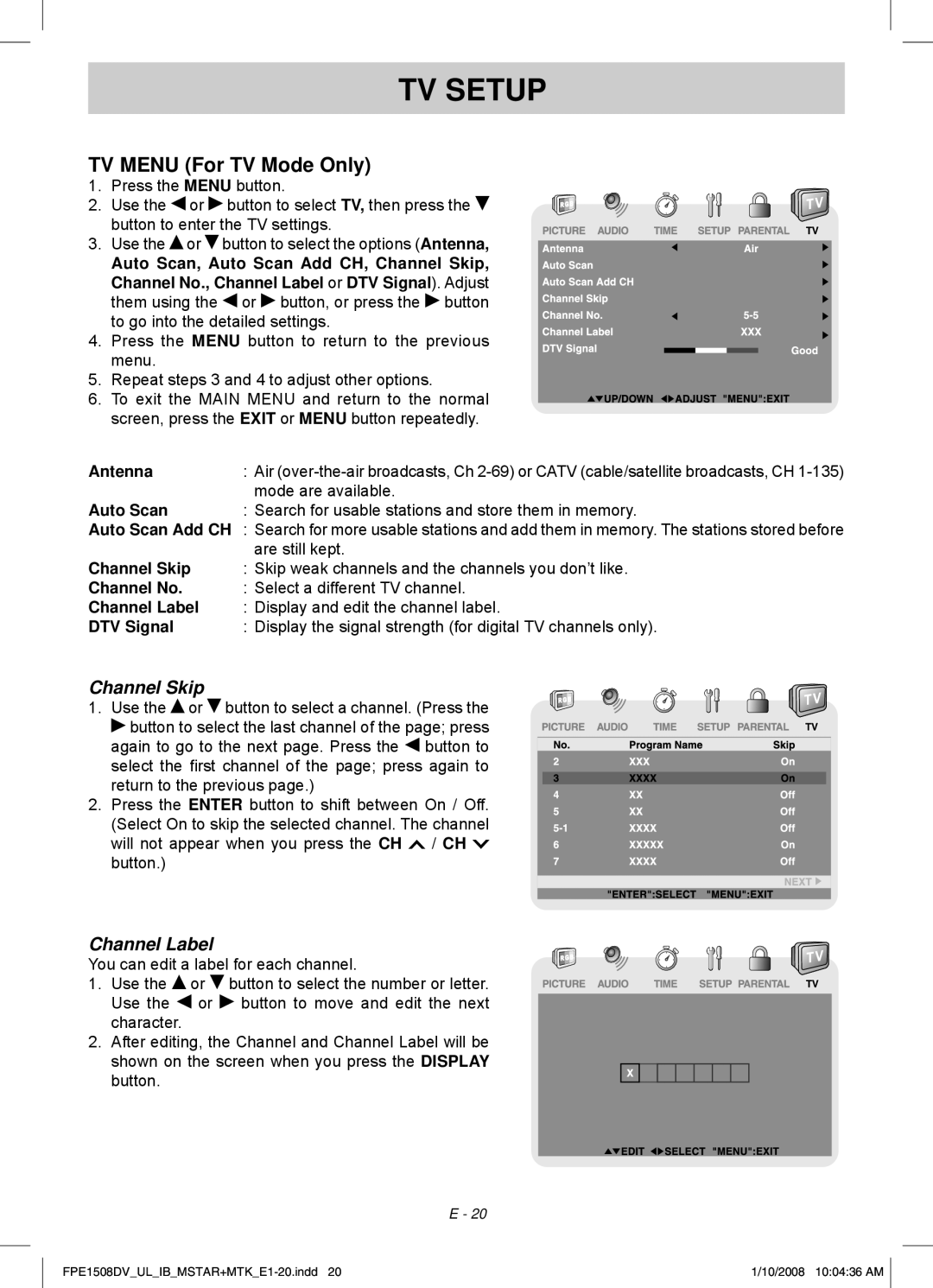 Audiovox FPE1508DV owner manual TV Menu For TV Mode Only, Antenna, Auto Scan 