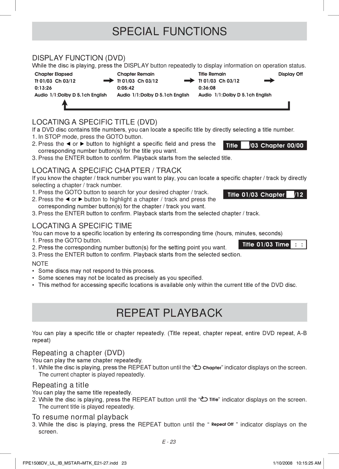 Audiovox FPE1508DV owner manual Special Functions, Repeat Playback 