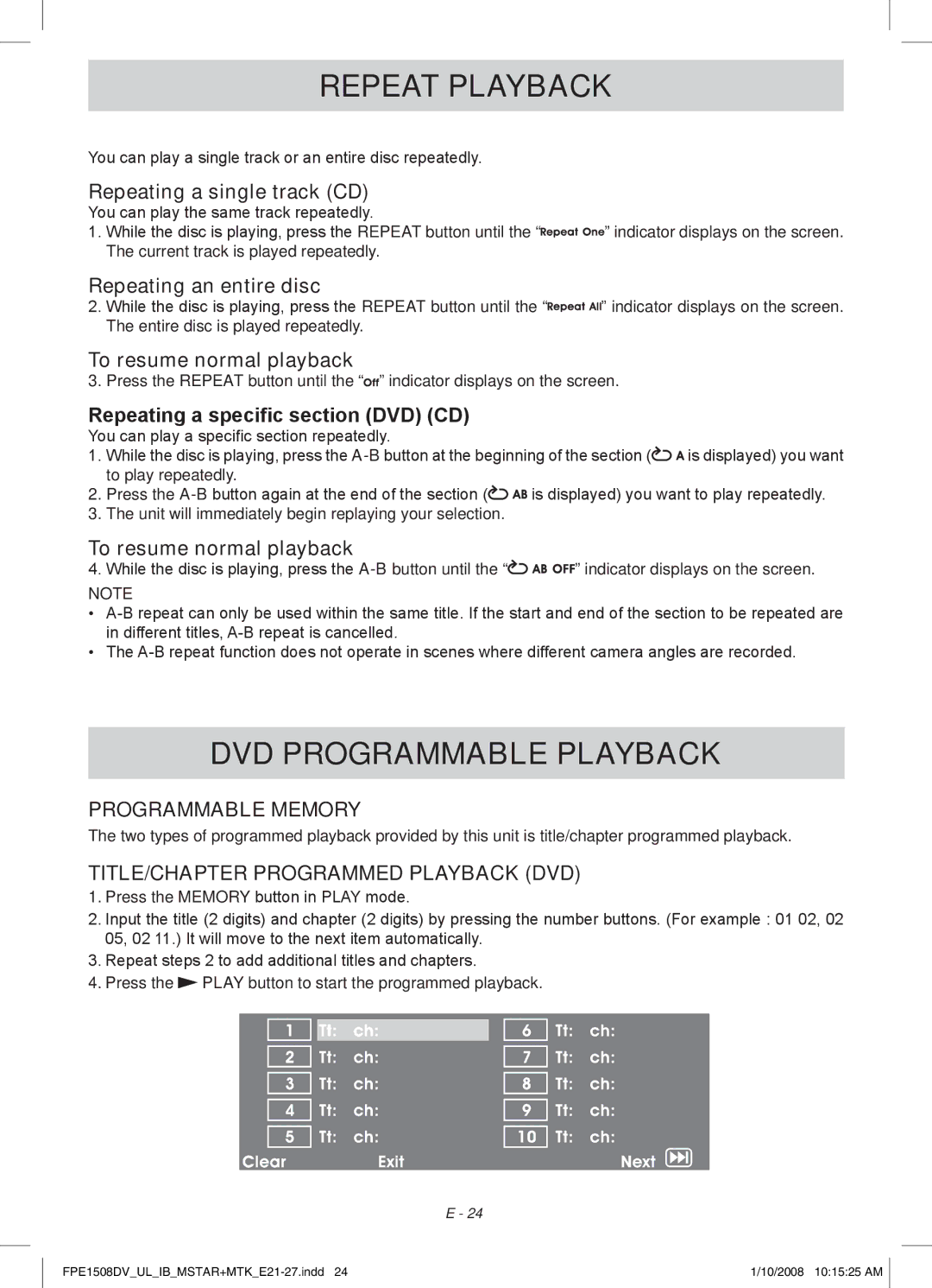 Audiovox FPE1508DV owner manual DVD Programmable Playback, Programmable Memory 