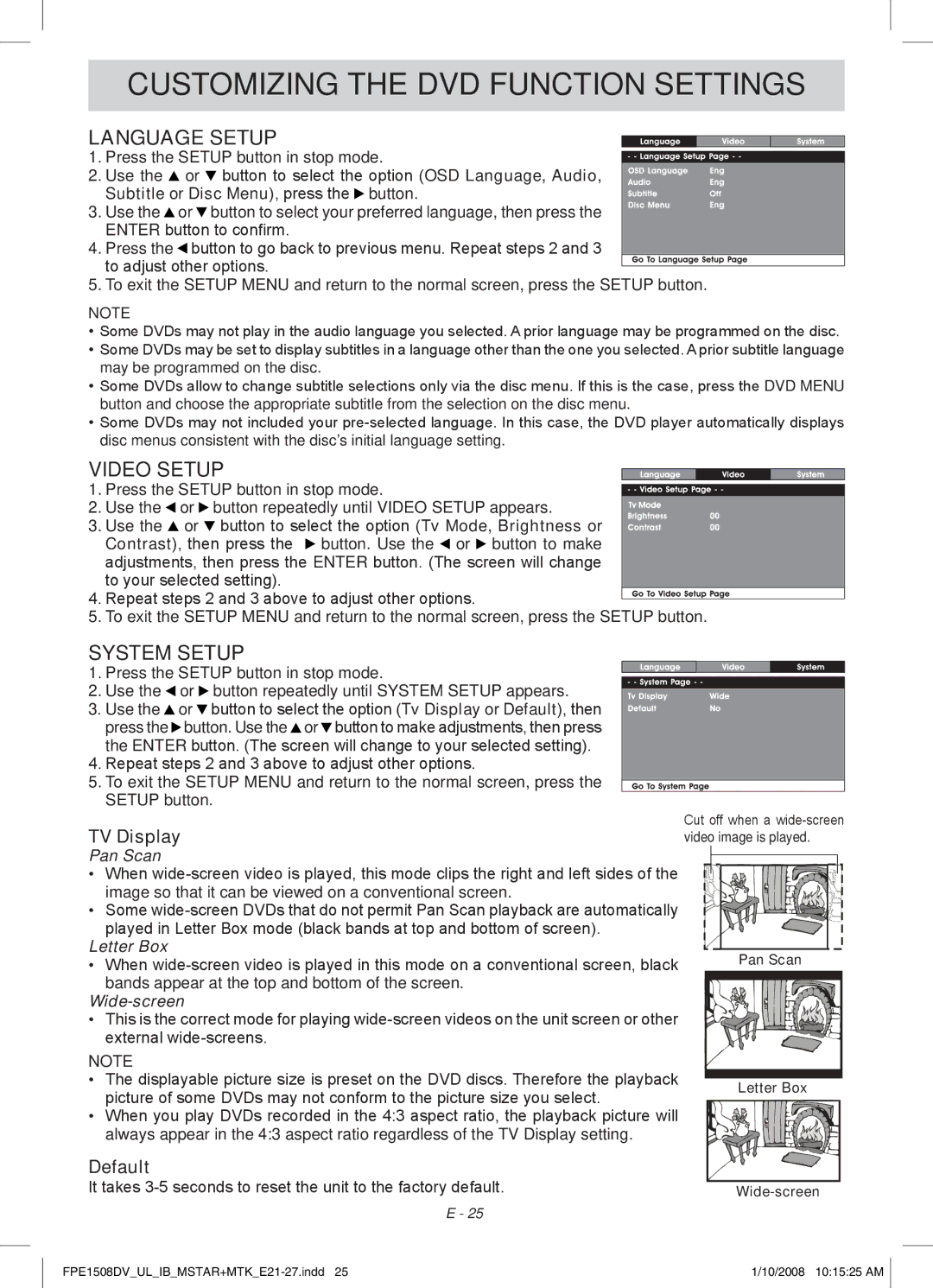 Audiovox FPE1508DV owner manual Customizing the DVD Function Settings, Language Setup, Video Setup, System Setup 