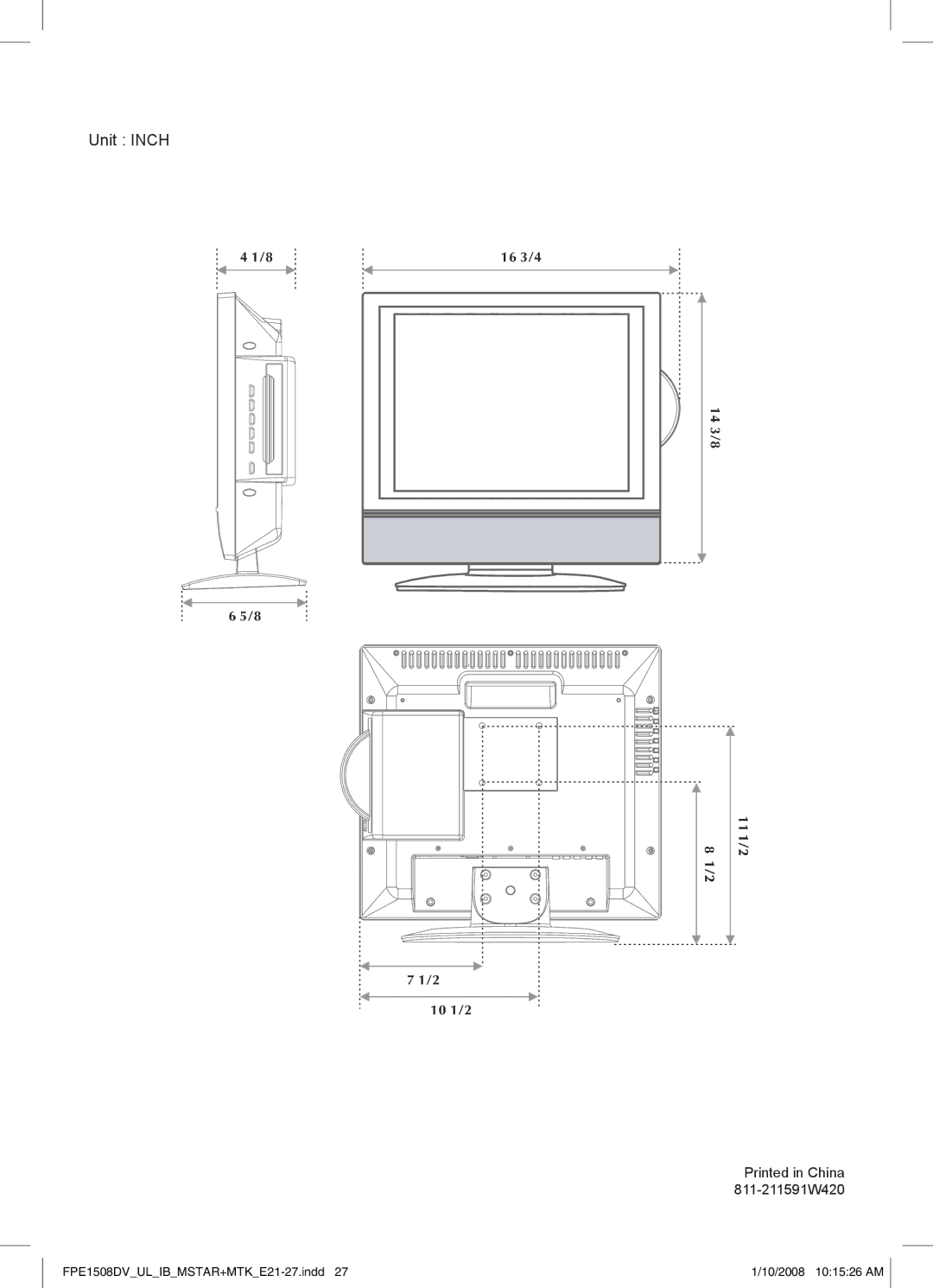 Audiovox FPE1508DV owner manual Unit Inch 