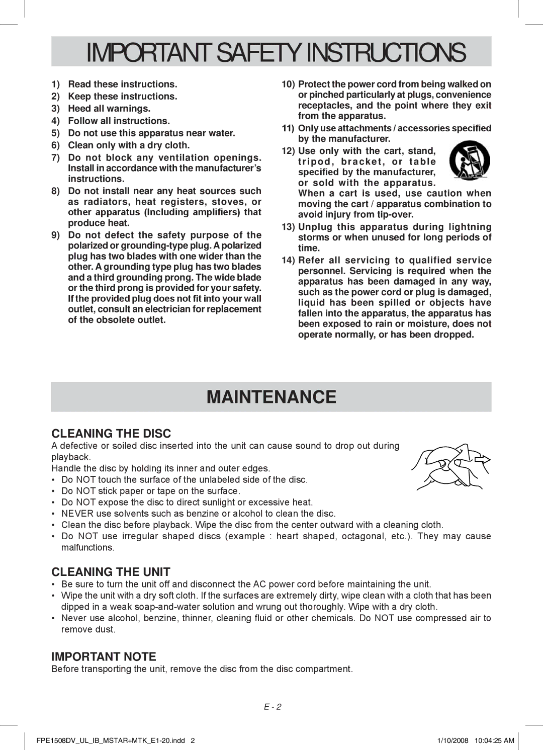 Audiovox FPE1508DV owner manual Maintenance, Cleaning the Disc, Cleaning the unit, Important Note 