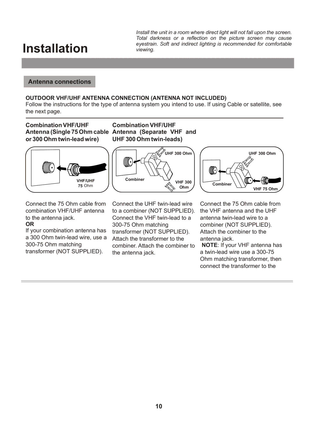 Audiovox FPE1705 manual Installation, Antenna connections 