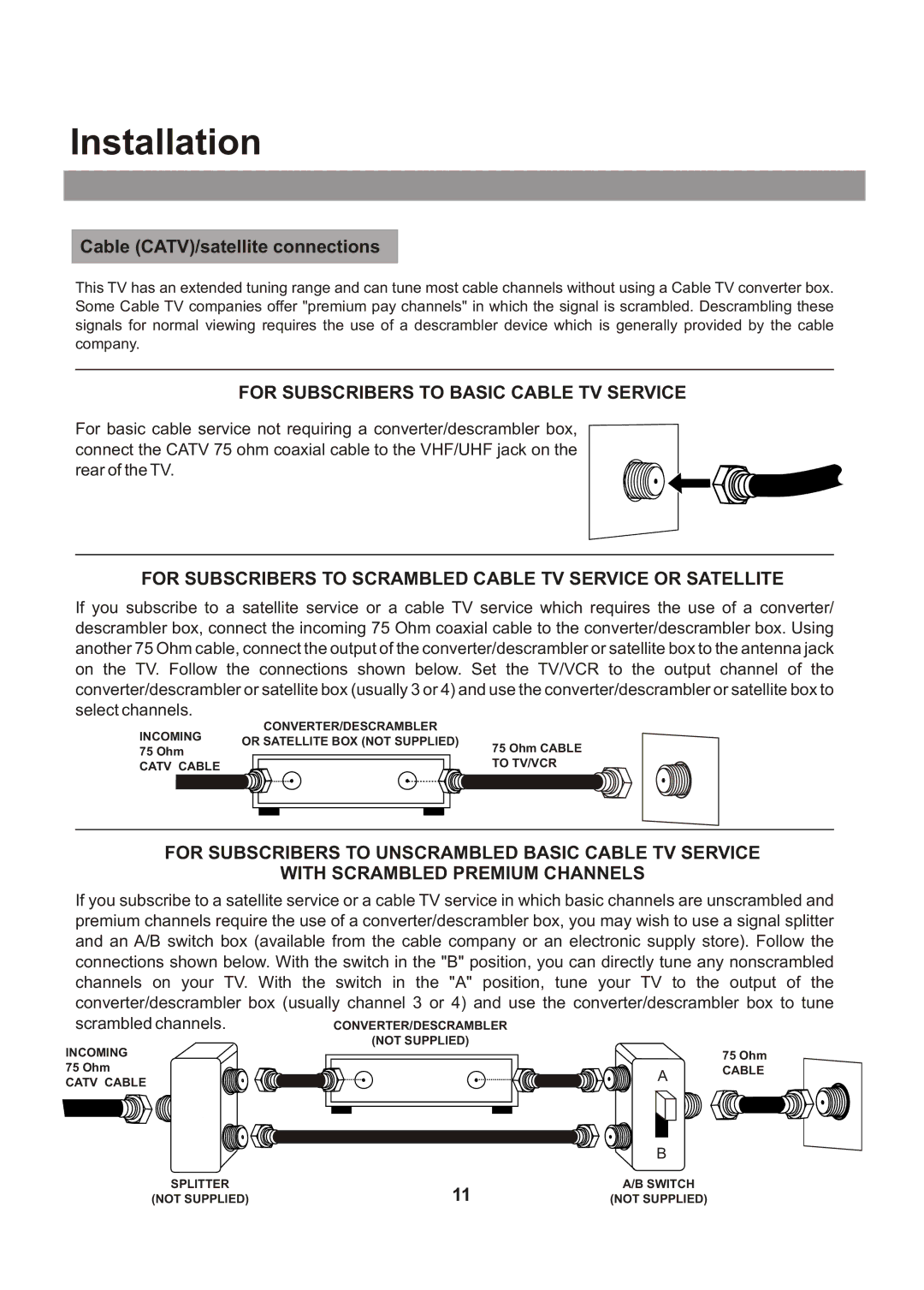 Audiovox FPE1705 manual Cable CATV/satellite connections, For Subscribers to Basic Cable TV Service 