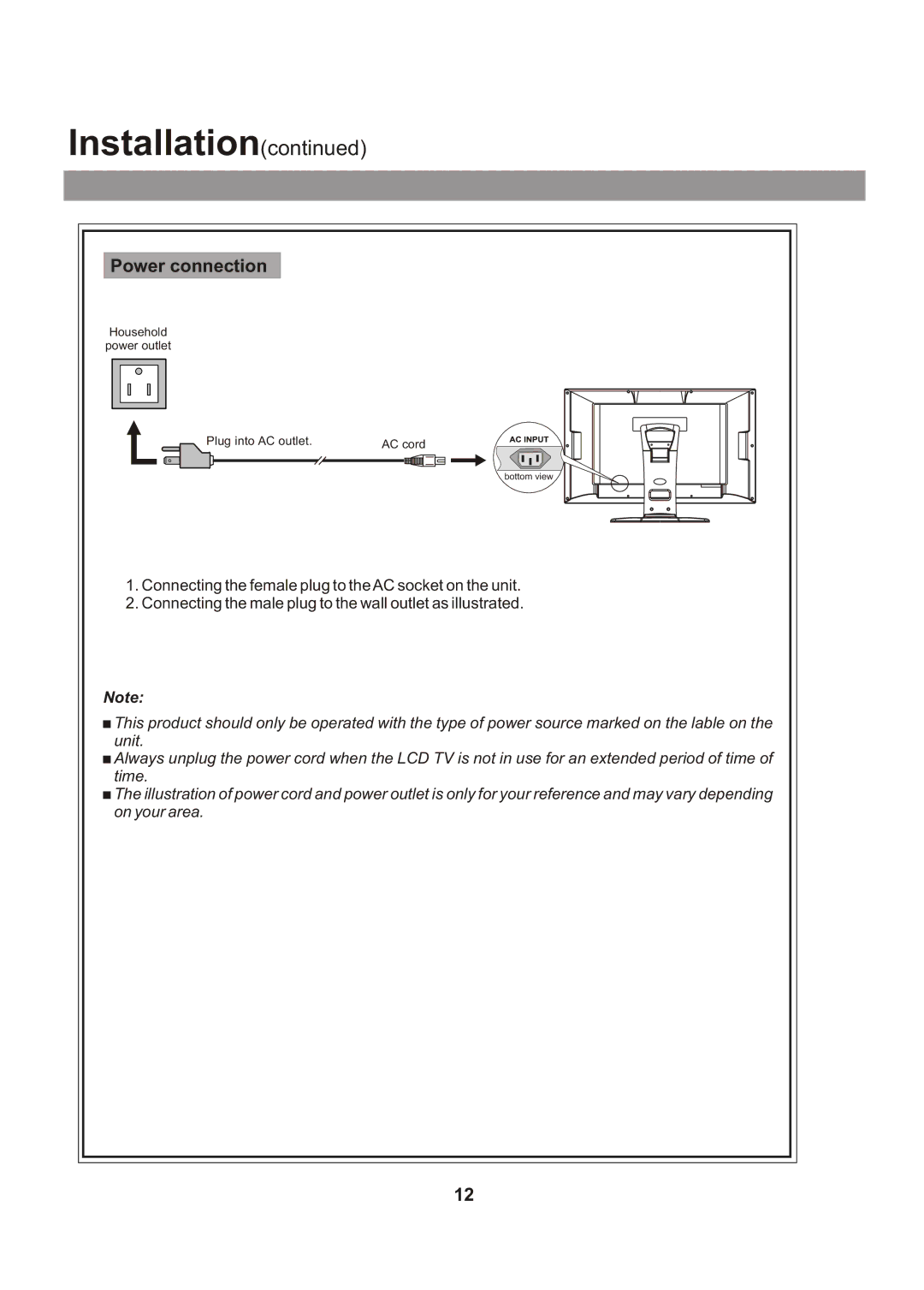 Audiovox FPE1705 manual Power connection 