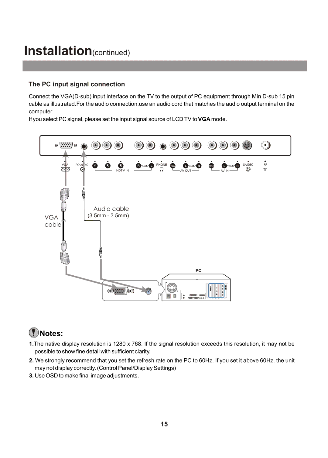 Audiovox FPE1705 manual PC input signal connection, VGA cable Audio cable 