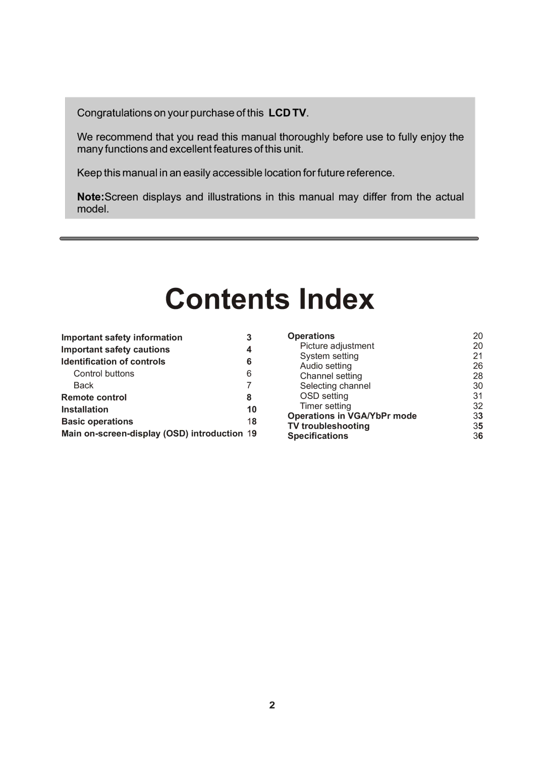 Audiovox FPE1705 manual Contents Index 