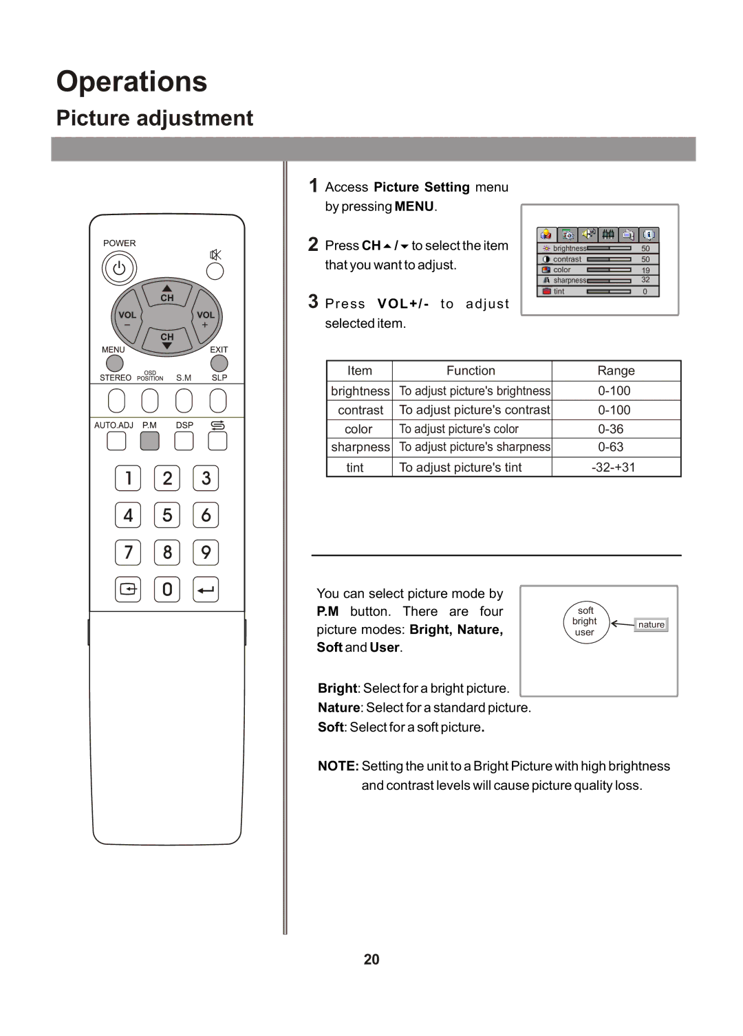 Audiovox FPE1705 manual Operations, Picture adjustment 