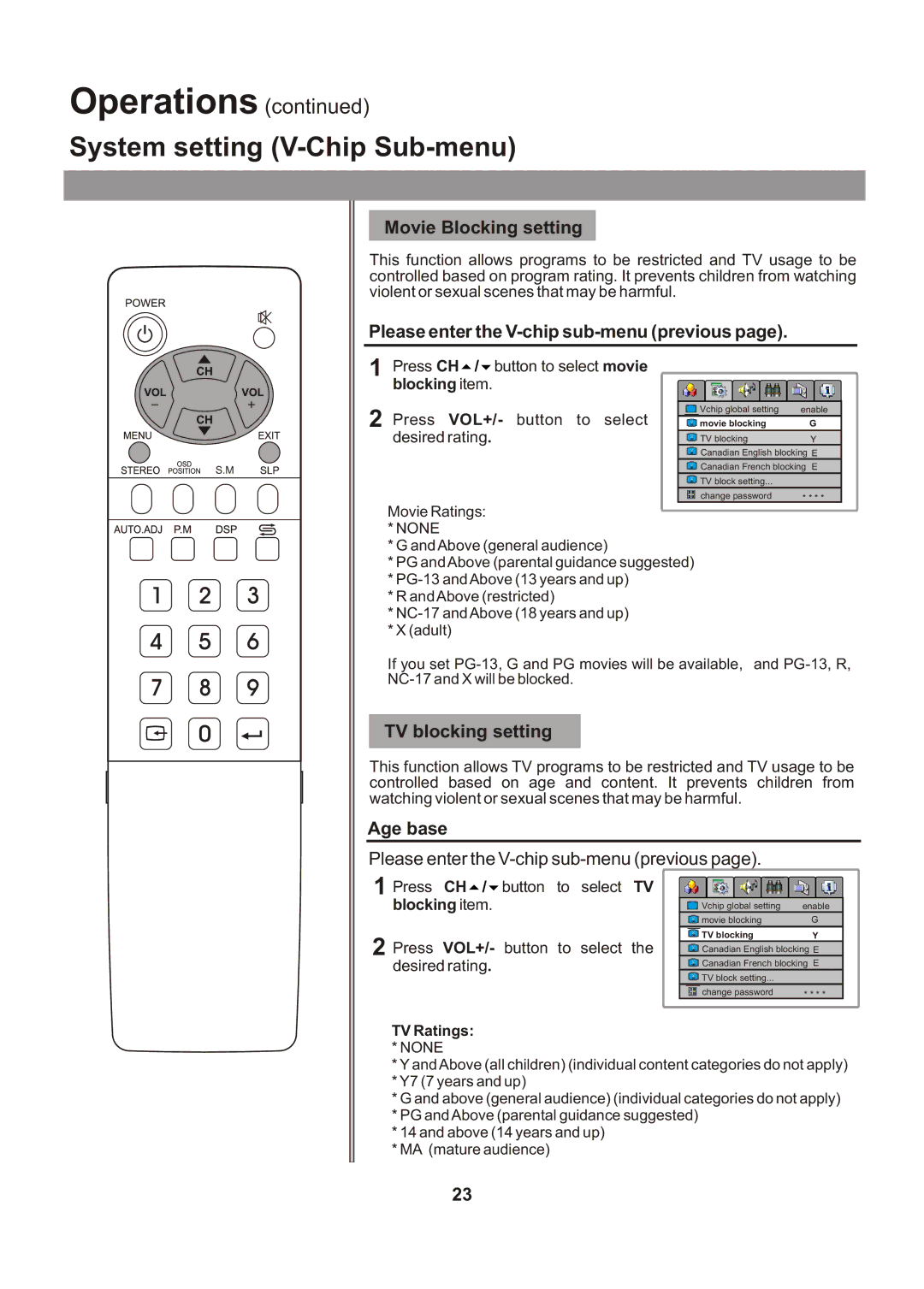 Audiovox FPE1705 manual System setting V-Chip Sub-menu, Movie Blocking setting, Please enter the V-chip sub-menu previous 