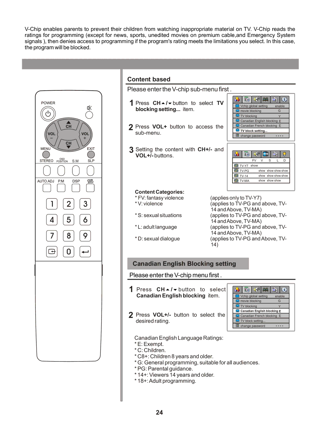 Audiovox FPE1705 manual Content based, Canadian English Blocking setting 