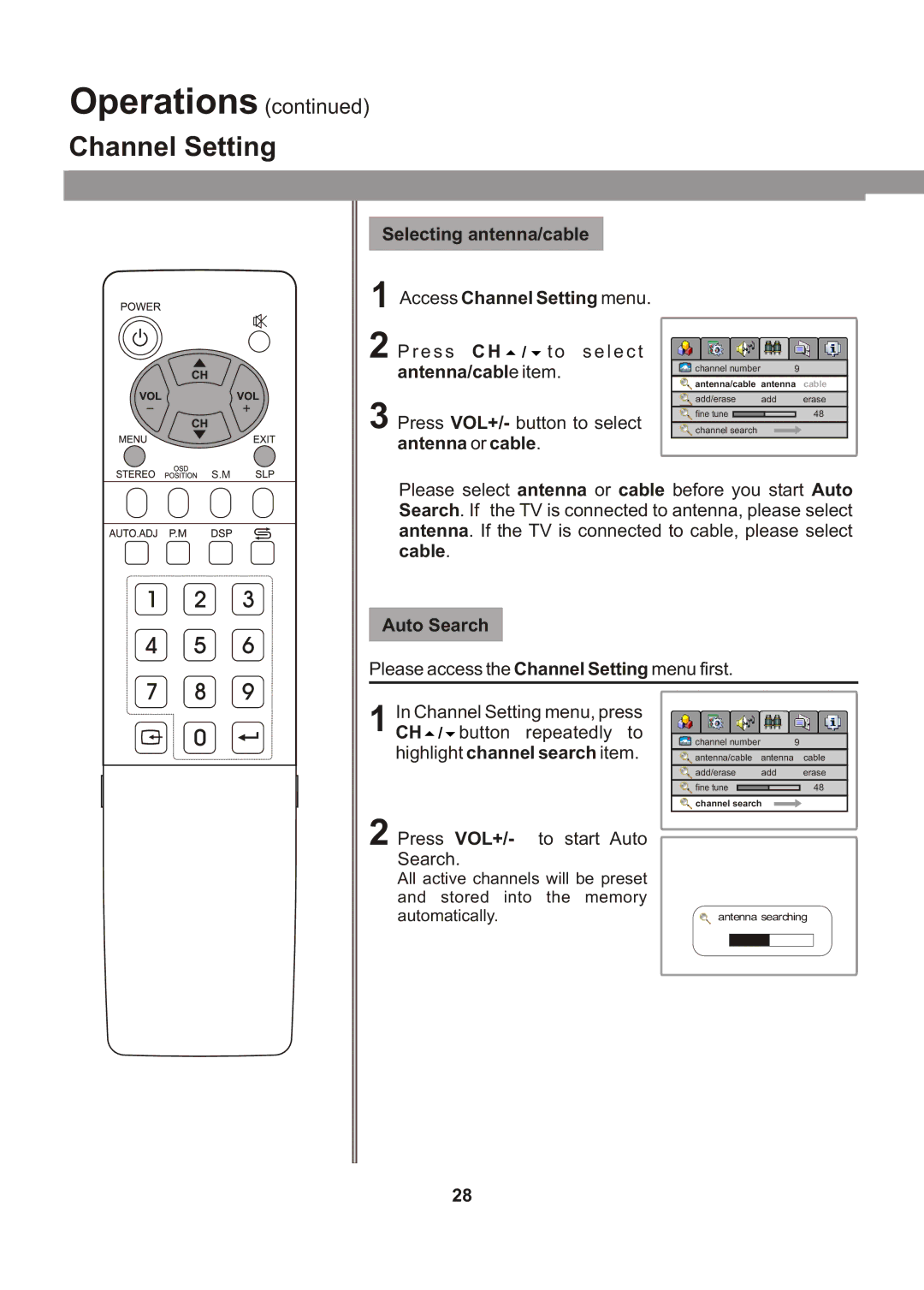 Audiovox FPE1705 manual Selecting antenna/cable Access Channel Setting menu, Auto Search 