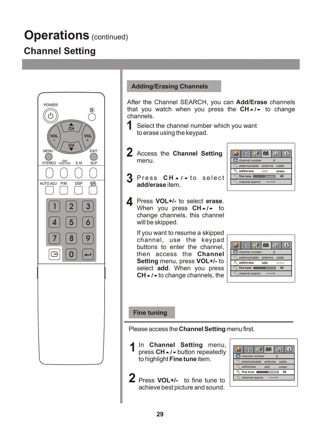 Audiovox FPE1705 manual Adding/Erasing Channels, Access the Channel Setting, Fine tuning 