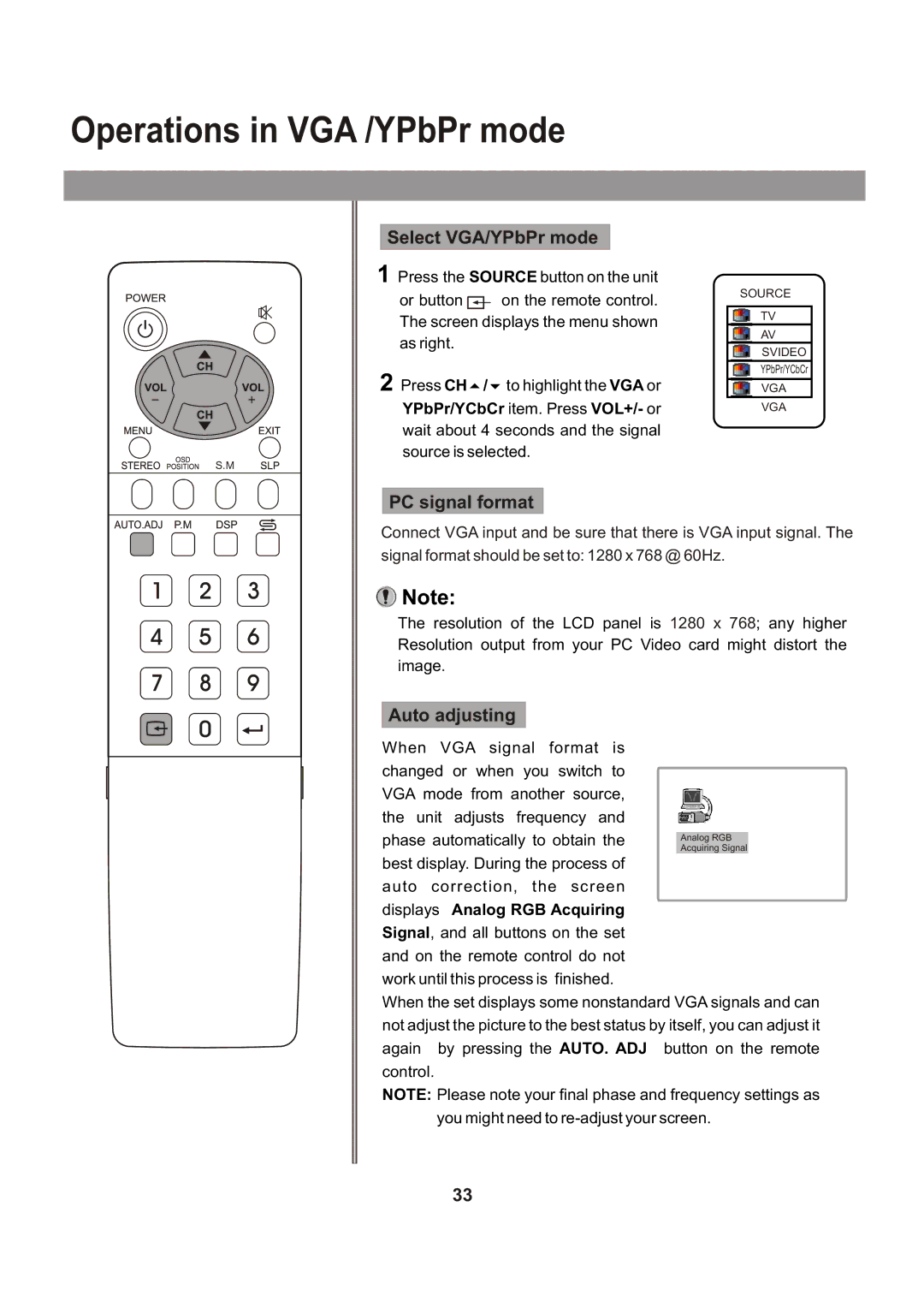 Audiovox FPE1705 manual Operations in VGA /YPbPr mode, Select VGA/YPbPr mode, PC signal format, Auto adjusting 