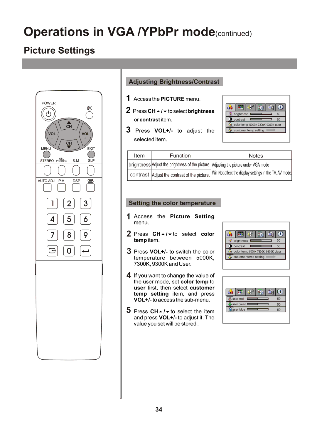 Audiovox FPE1705 manual Picture Settings, Adjusting Brightness/Contrast, Setting the color temperature 