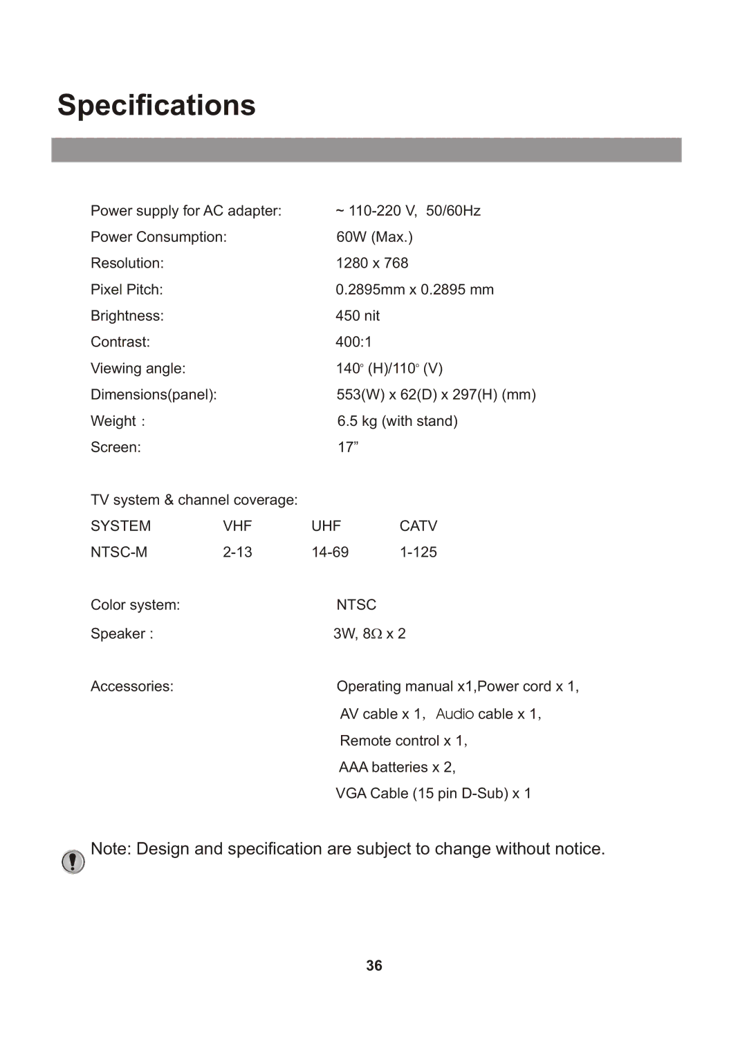 Audiovox FPE1705 manual Specifications, Ntsc 