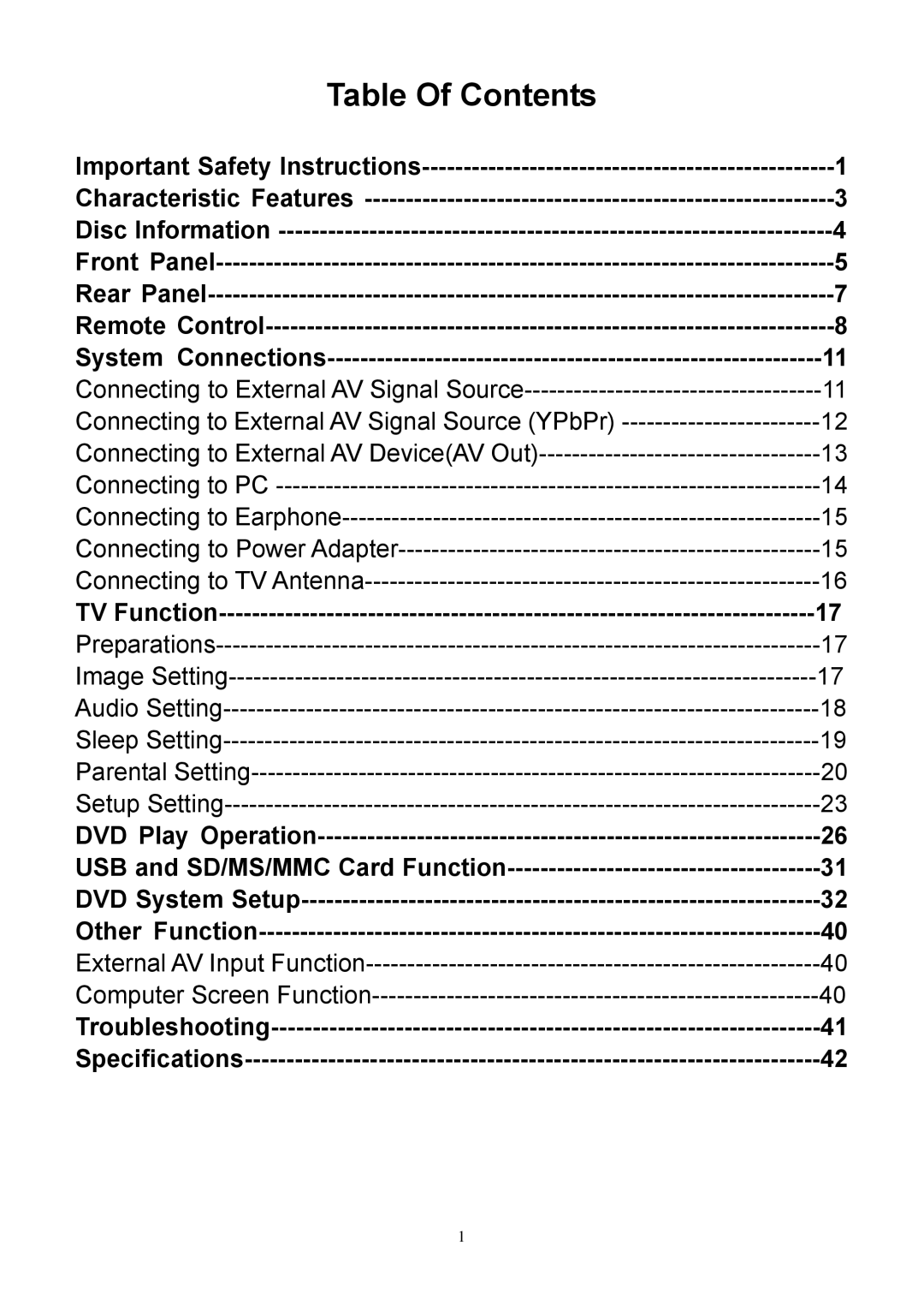 Audiovox FPE1906DV operating instructions Table Of Contents 