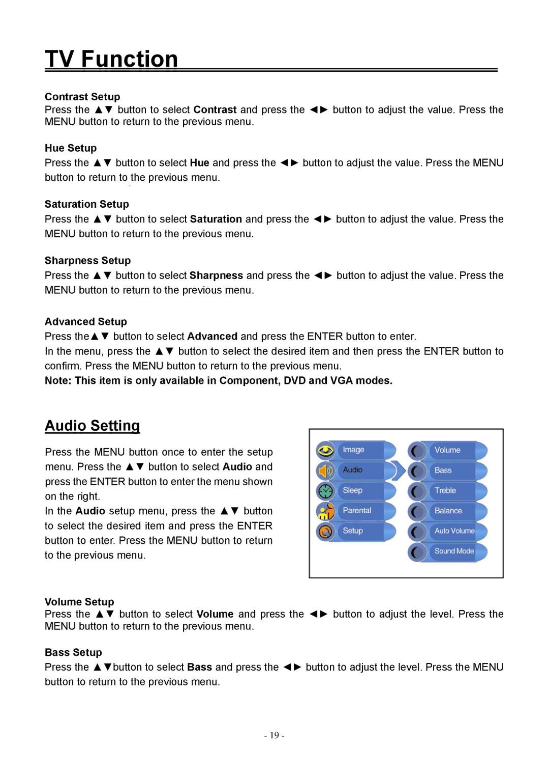 Audiovox FPE1906DV operating instructions Audio Setting 