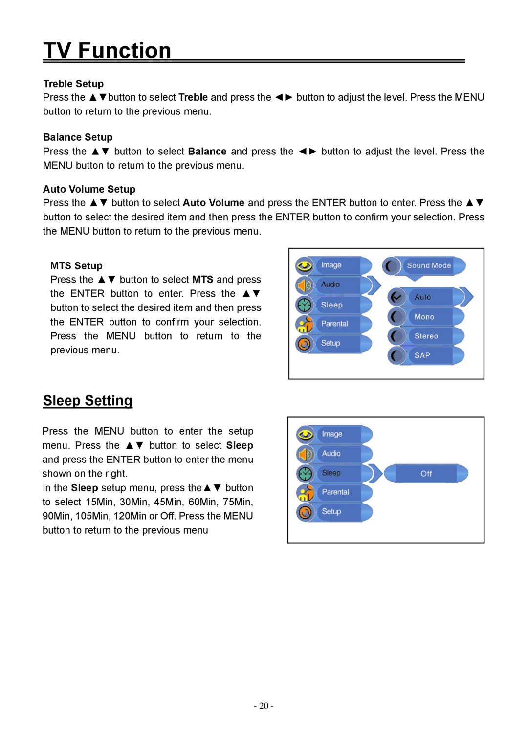 Audiovox FPE1906DV operating instructions Sleep Setting, Treble Setup, Balance Setup, Auto Volume Setup, MTS Setup 