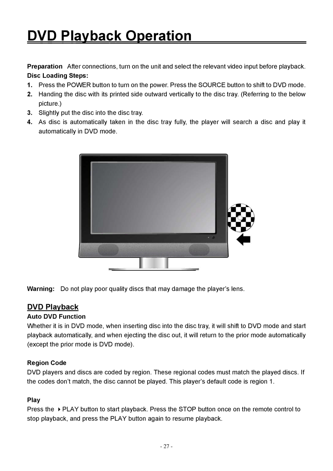 Audiovox FPE1906DV operating instructions DVD Playback Operation, Disc Loading Steps, Auto DVD Function, Region Code 