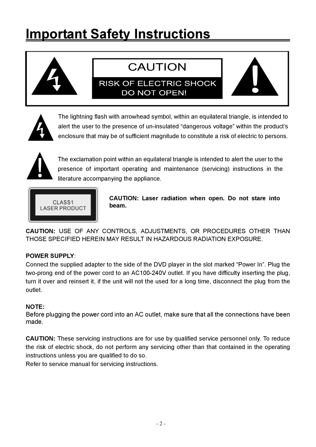 Audiovox FPE1906DV operating instructions Important Safety Instructions, Power Supply 