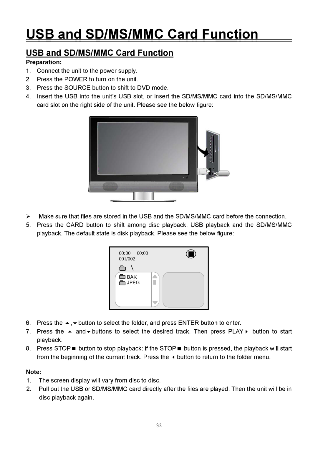 Audiovox FPE1906DV operating instructions USB and SD/MS/MMC Card Function, Preparation 