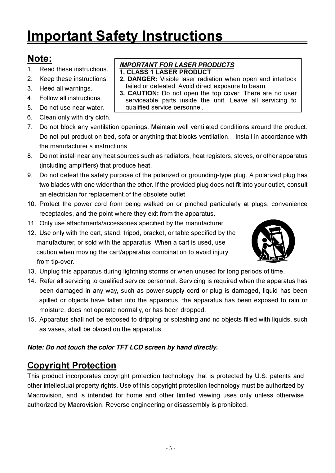 Audiovox FPE1906DV operating instructions Copyright Protection, Important for Laser Products 