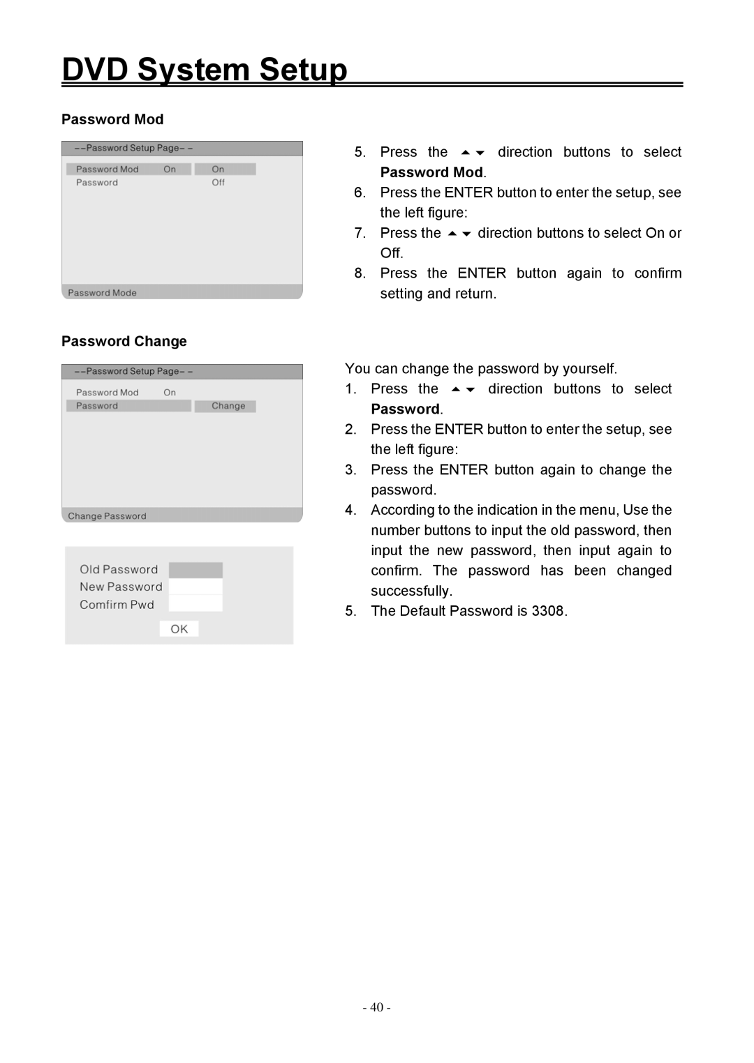 Audiovox FPE1906DV operating instructions Password Mod, Password Change 