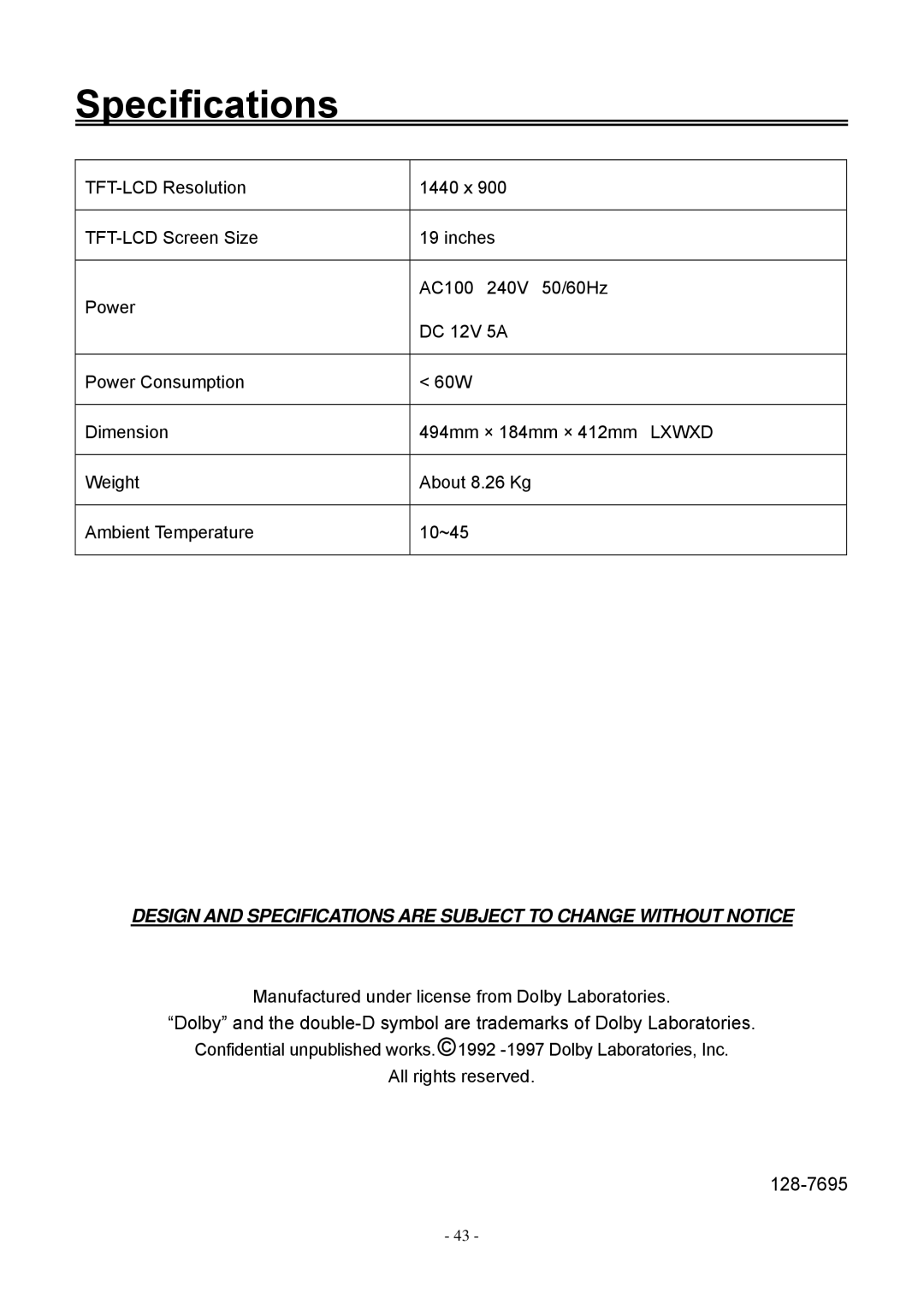 Audiovox FPE1906DV operating instructions Specifications 