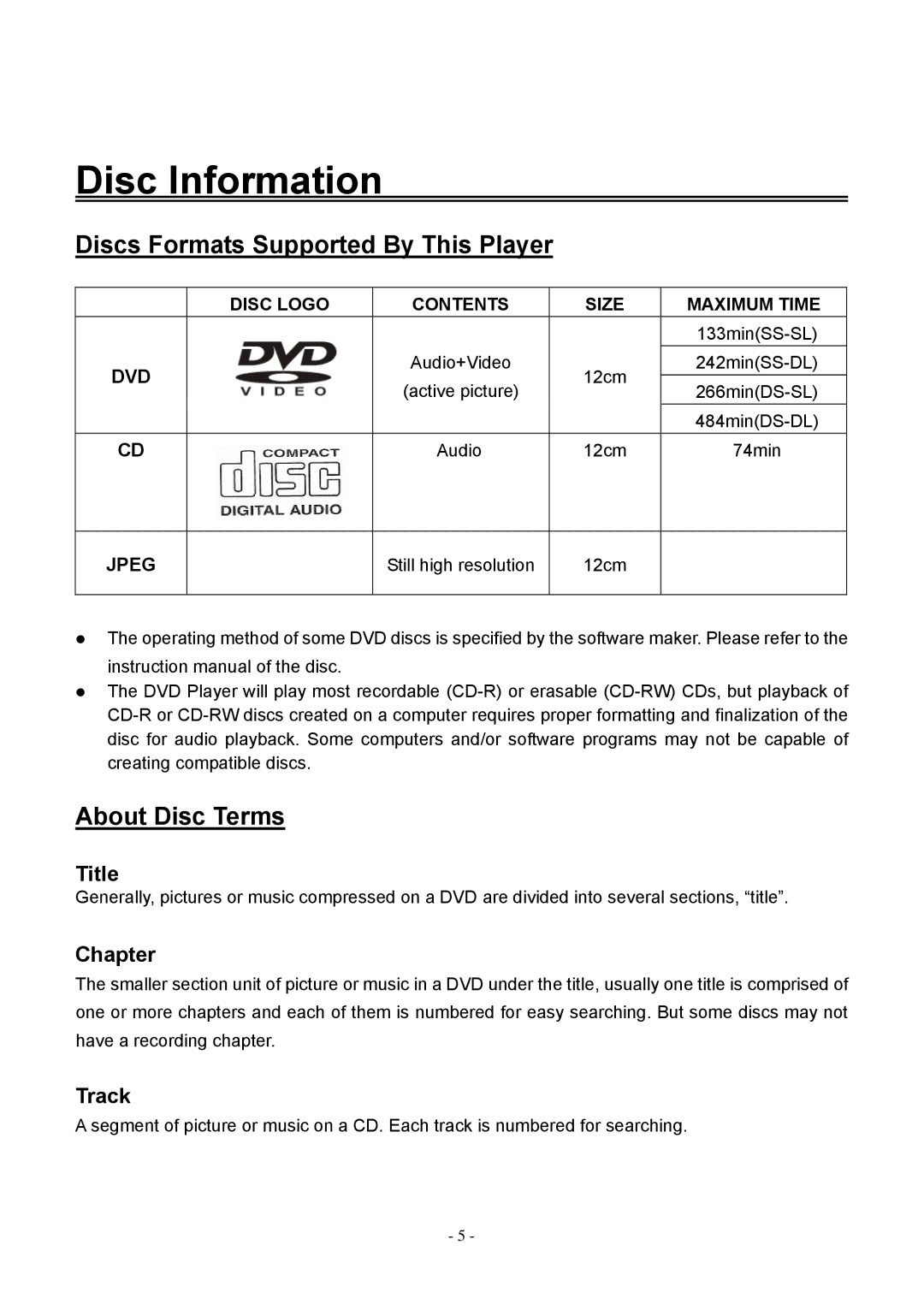 Audiovox FPE1906DV operating instructions Disc Information, Discs Formats Supported By This Player, About Disc Terms 