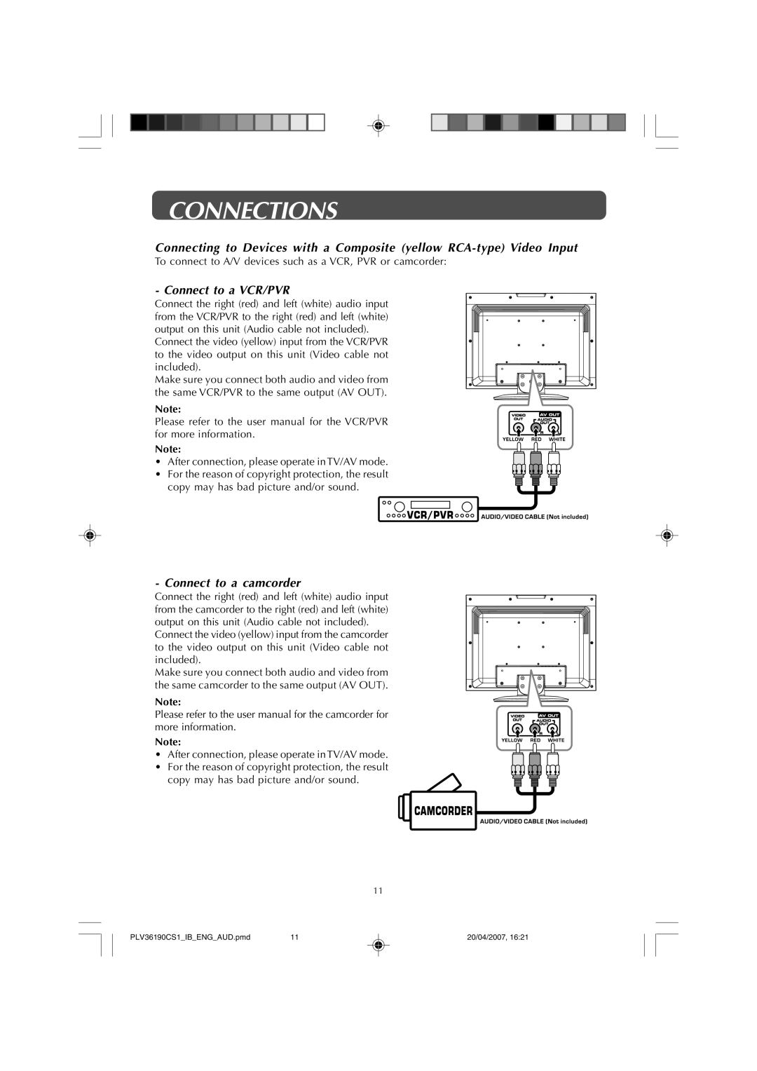 Audiovox FPE1907 owner manual Connect to a VCR/PVR 