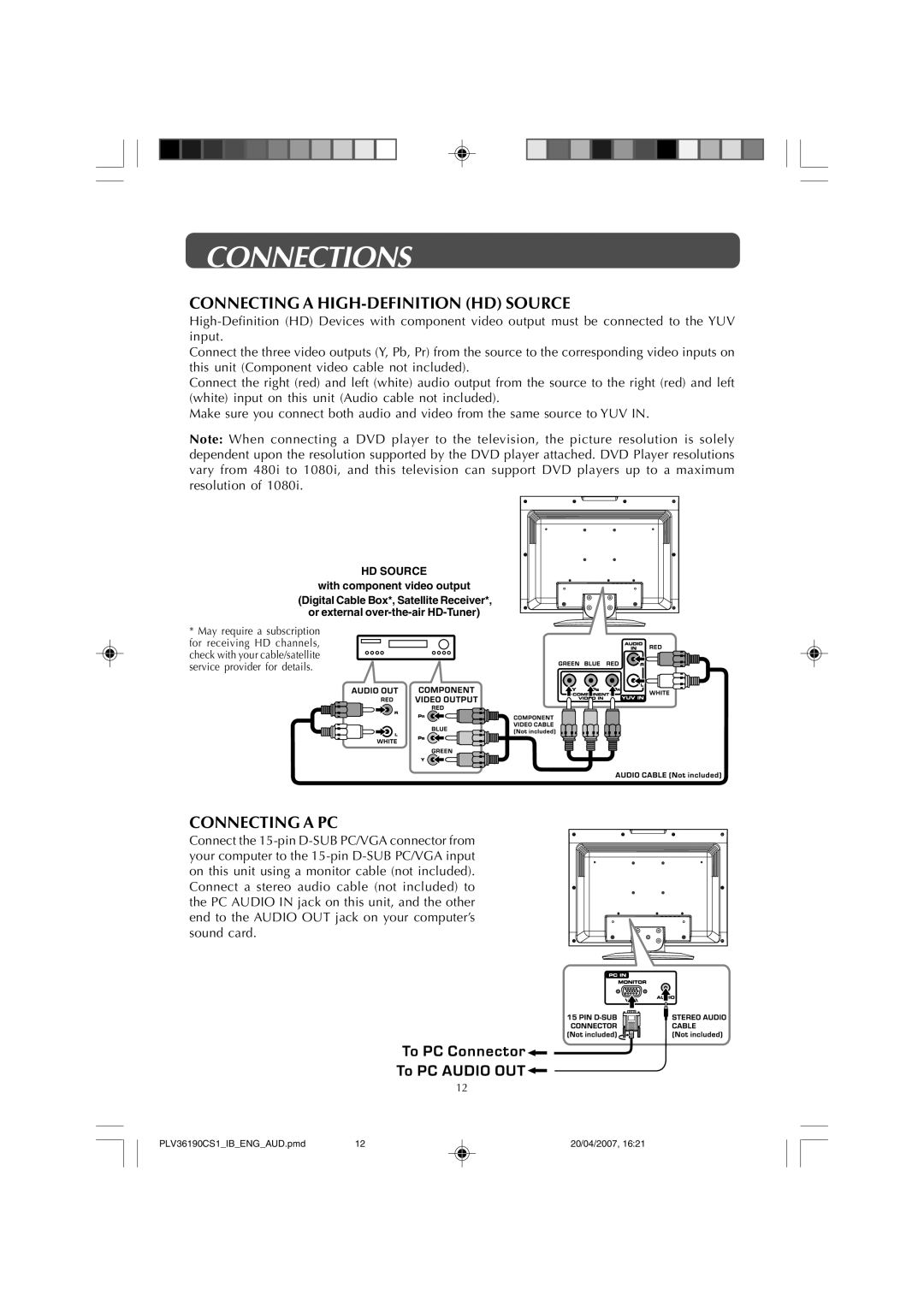 Audiovox FPE1907 owner manual Connecting a HIGH-DEFINITION HD Source, Connecting a PC 