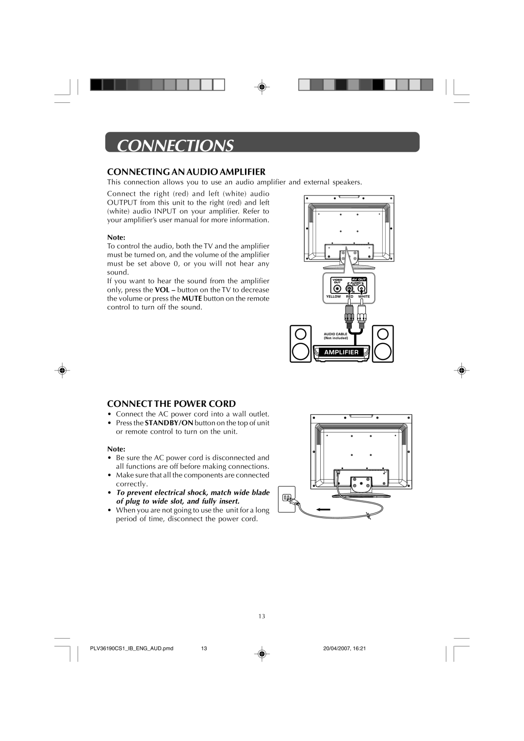 Audiovox FPE1907 owner manual Connecting AN Audio Amplifier, Connect the Power Cord 