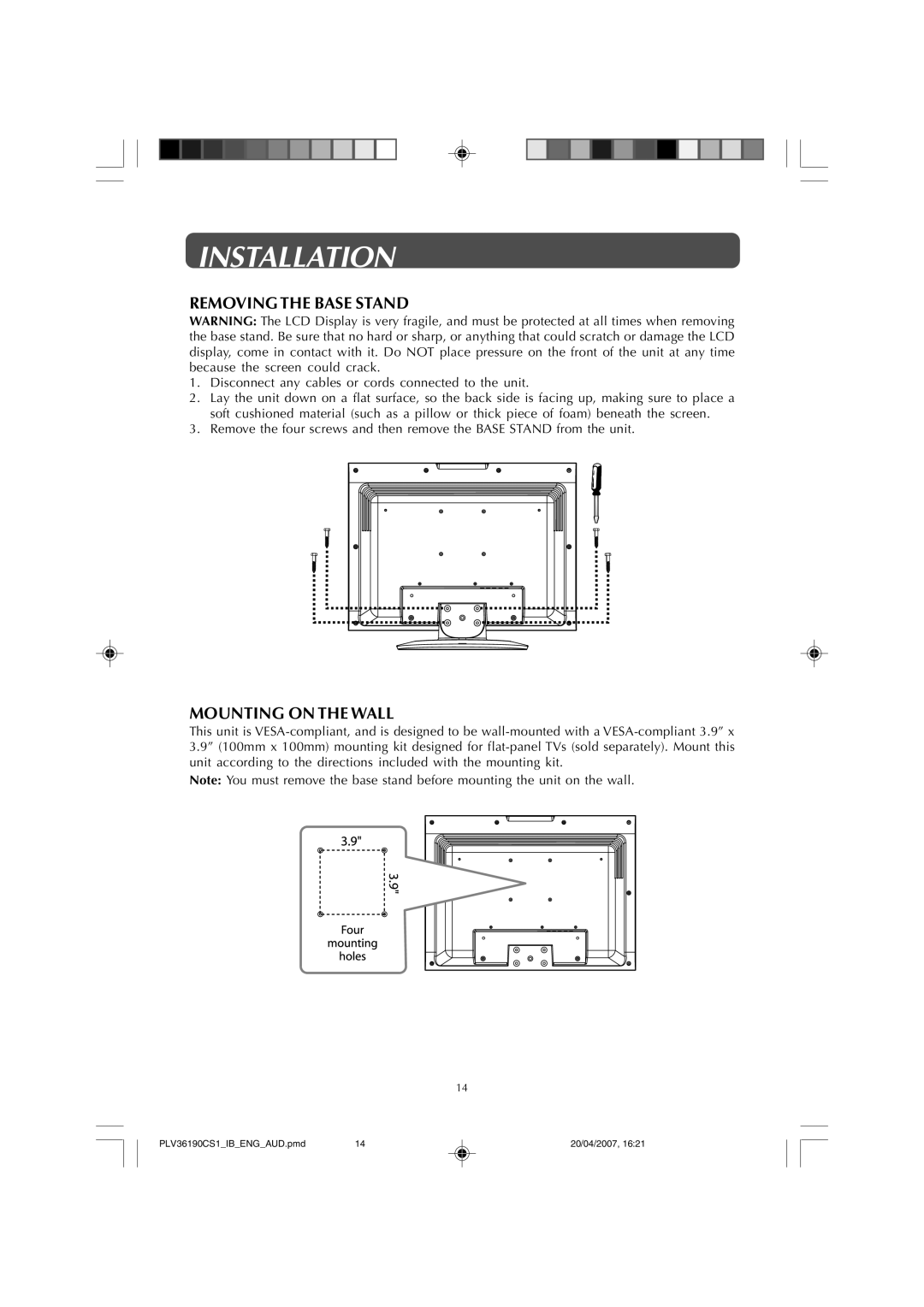 Audiovox FPE1907 owner manual Installation, Removing the Base Stand, Mounting on the Wall 