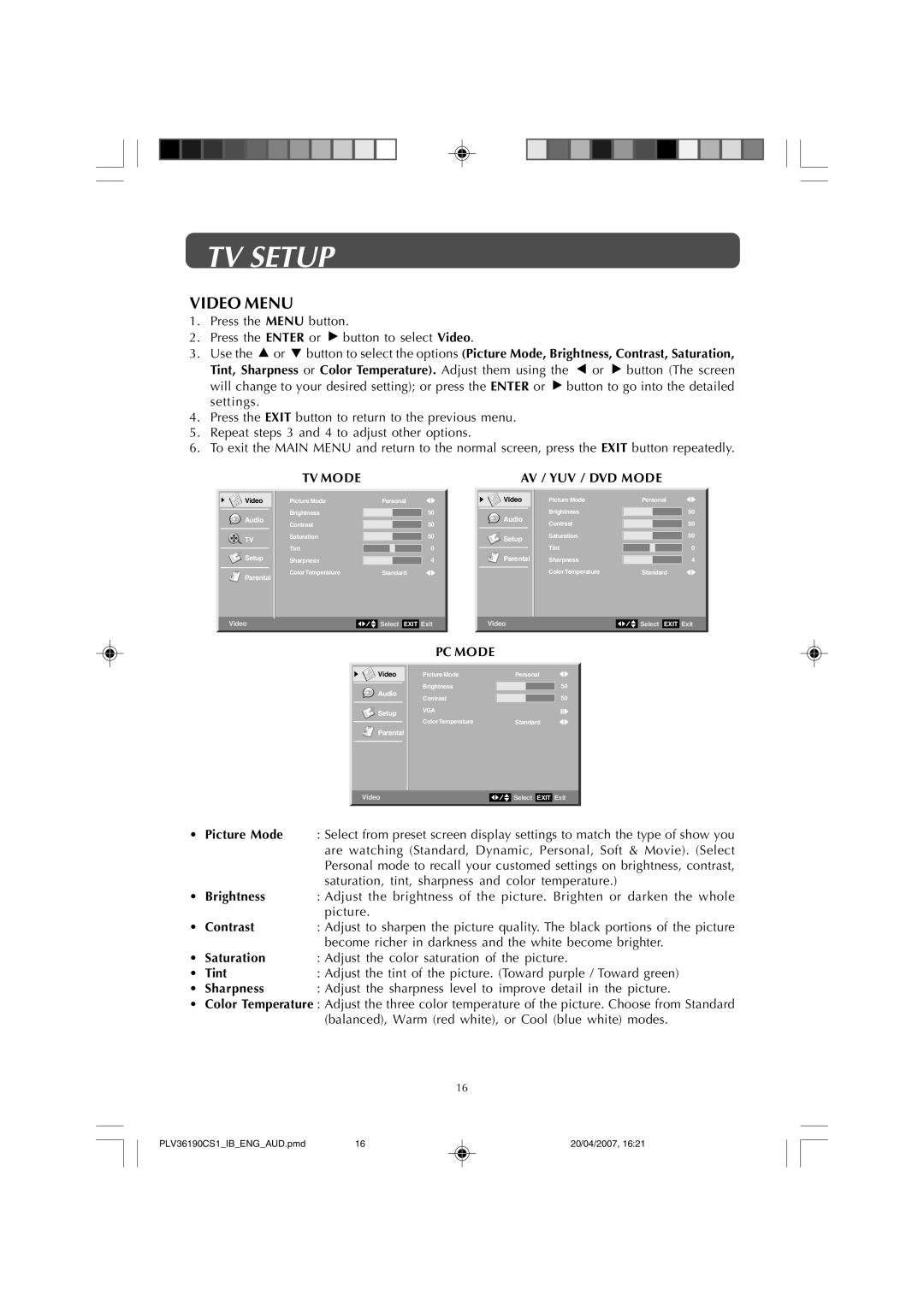 Audiovox FPE1907 owner manual TV Setup, Video Menu, AV / YUV / DVD Mode, PC Mode 