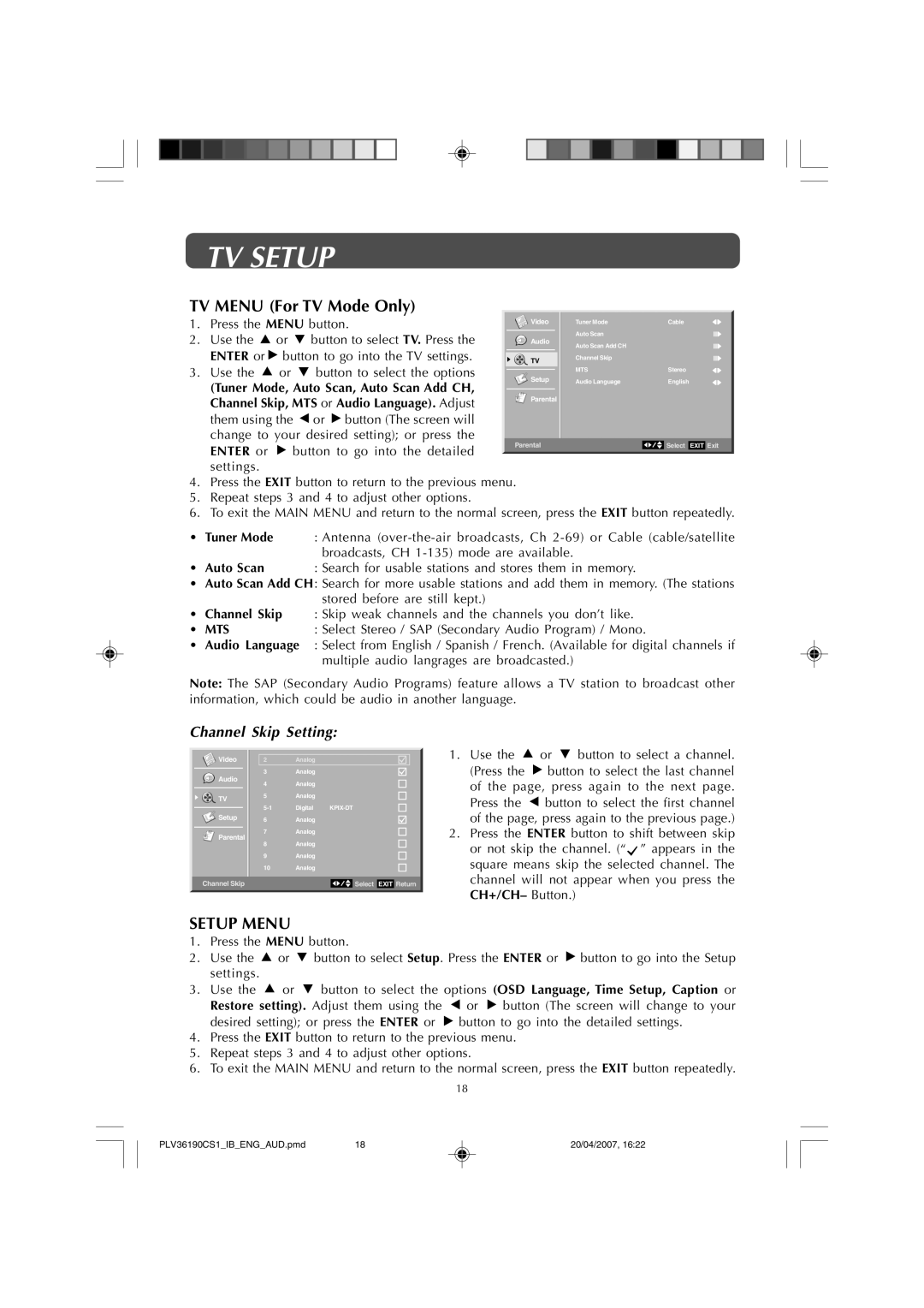 Audiovox FPE1907 owner manual Setup Menu, Channel Skip Setting, Channel Skip, MTS or Audio Language. Adjust, Enter or, Mts 