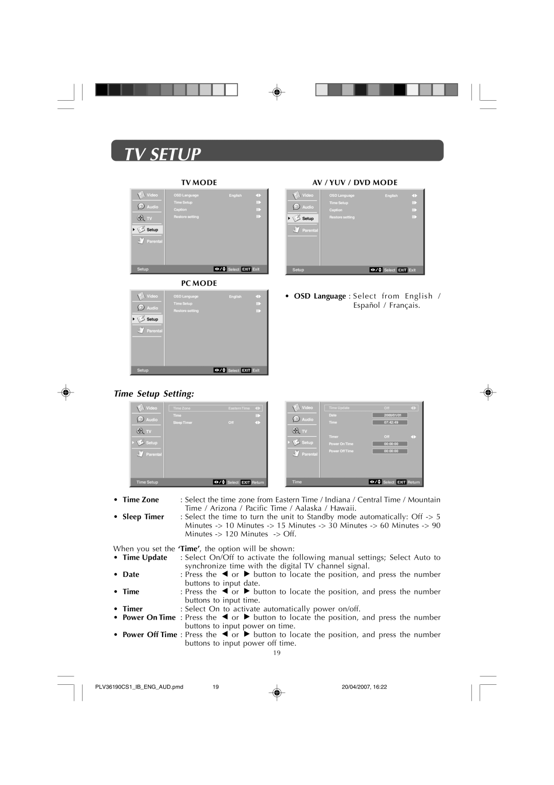 Audiovox FPE1907 owner manual Time Setup Setting, TV Mode AV / YUV / DVD Mode, Time Update, Date 