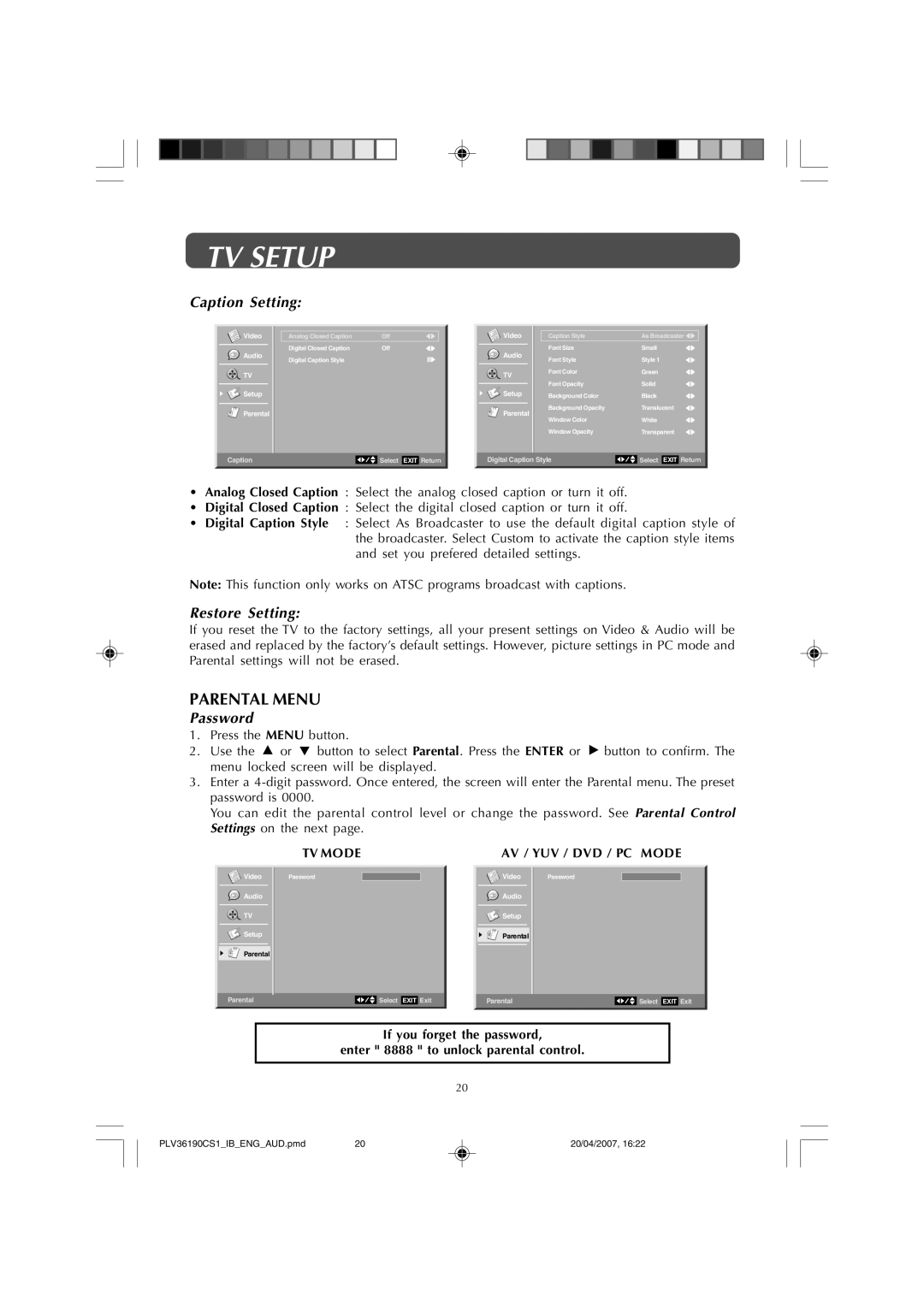 Audiovox FPE1907 owner manual Parental Menu, Caption Setting, Restore Setting, Password, TV Mode 