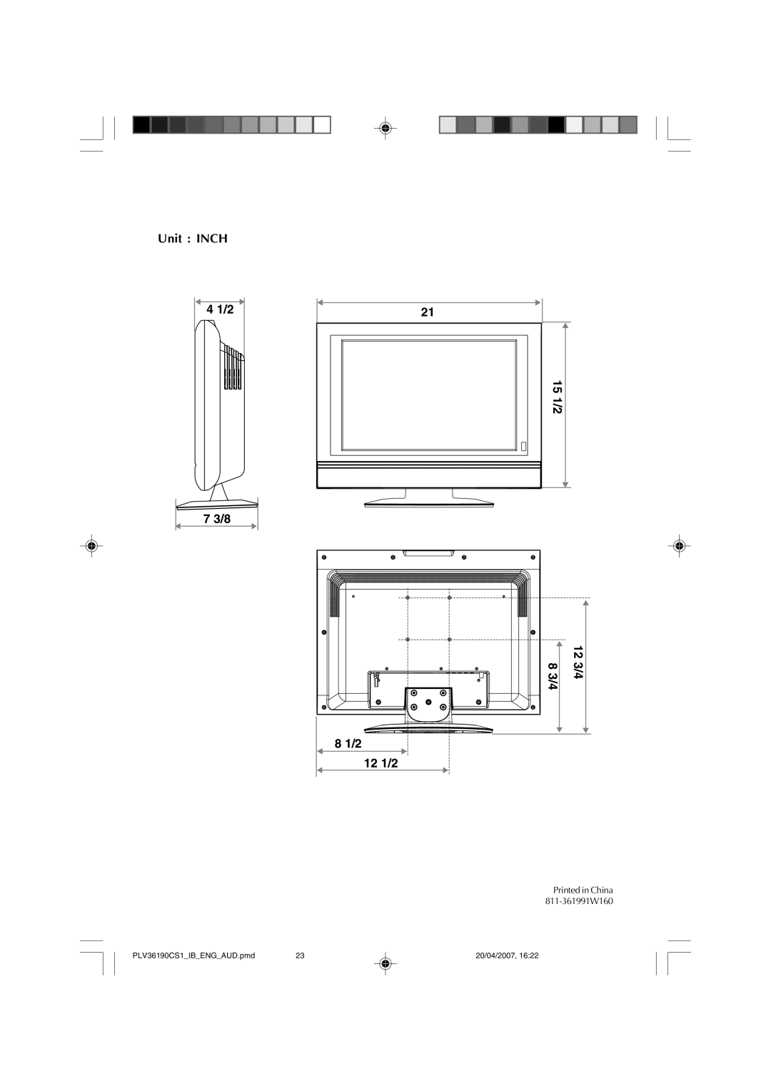 Audiovox FPE1907 owner manual Unit Inch 15 1/2 12 3/4 12 1/2 