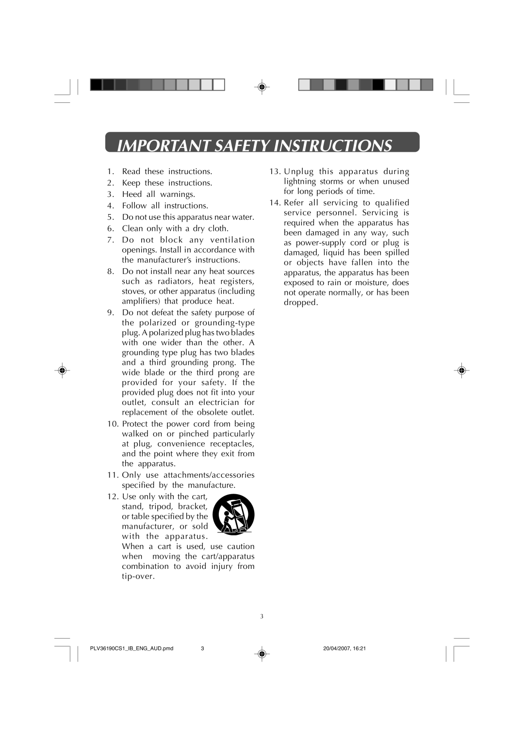 Audiovox FPE1907 owner manual Important Safety Instructions 