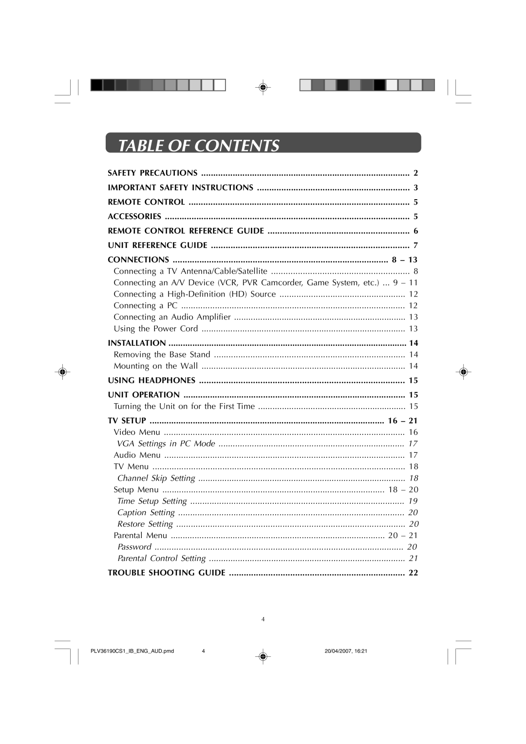 Audiovox FPE1907 owner manual Table of Contents 