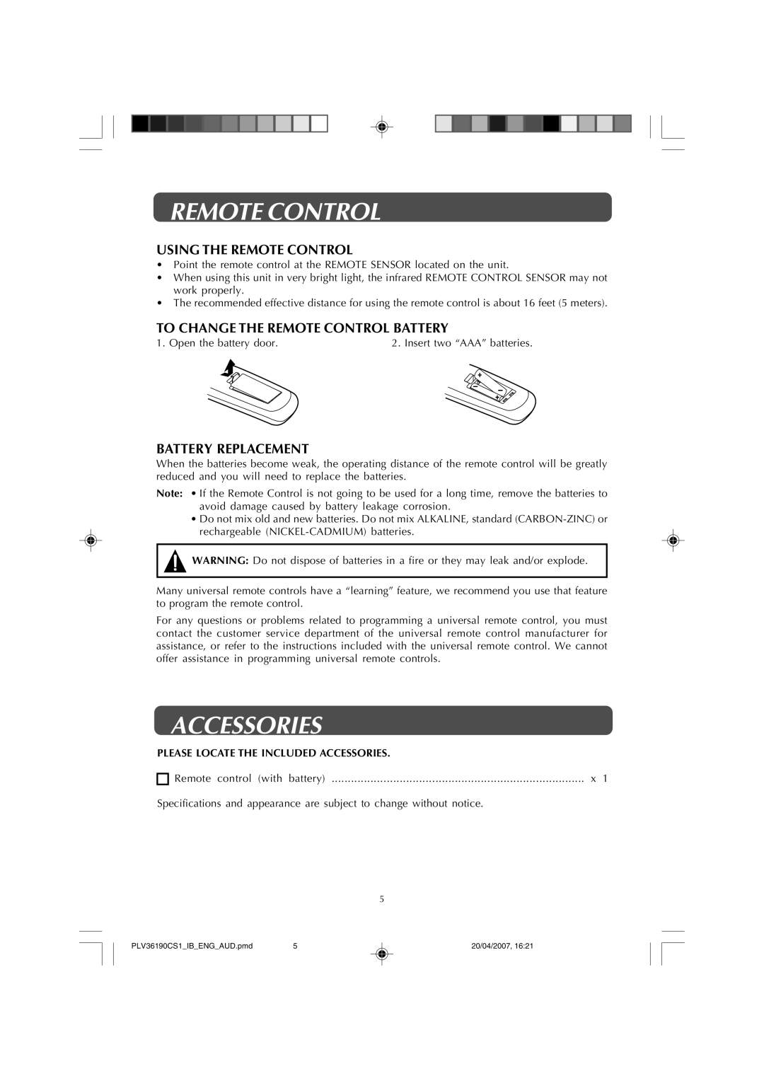 Audiovox FPE1907 Accessories, Using the Remote Control, To Change the Remote Control Battery, Battery Replacement 