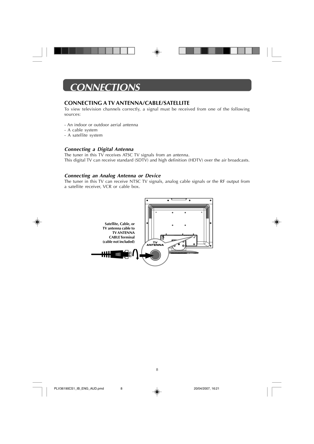 Audiovox FPE1907 owner manual Connections, Connecting a TV ANTENNA/CABLE/SATELLITE, Connecting a Digital Antenna 